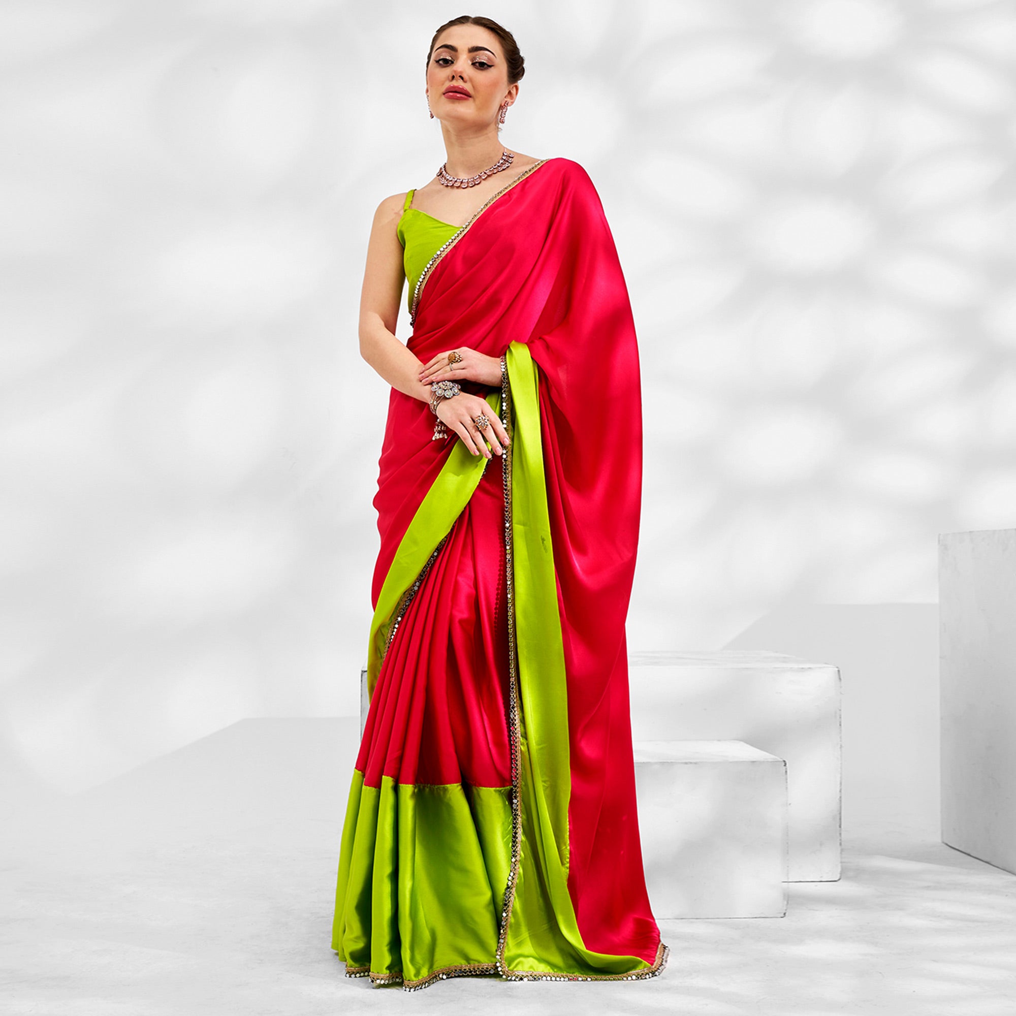Pink & Green Solid Pure Silk Saree With Mirror Work Border