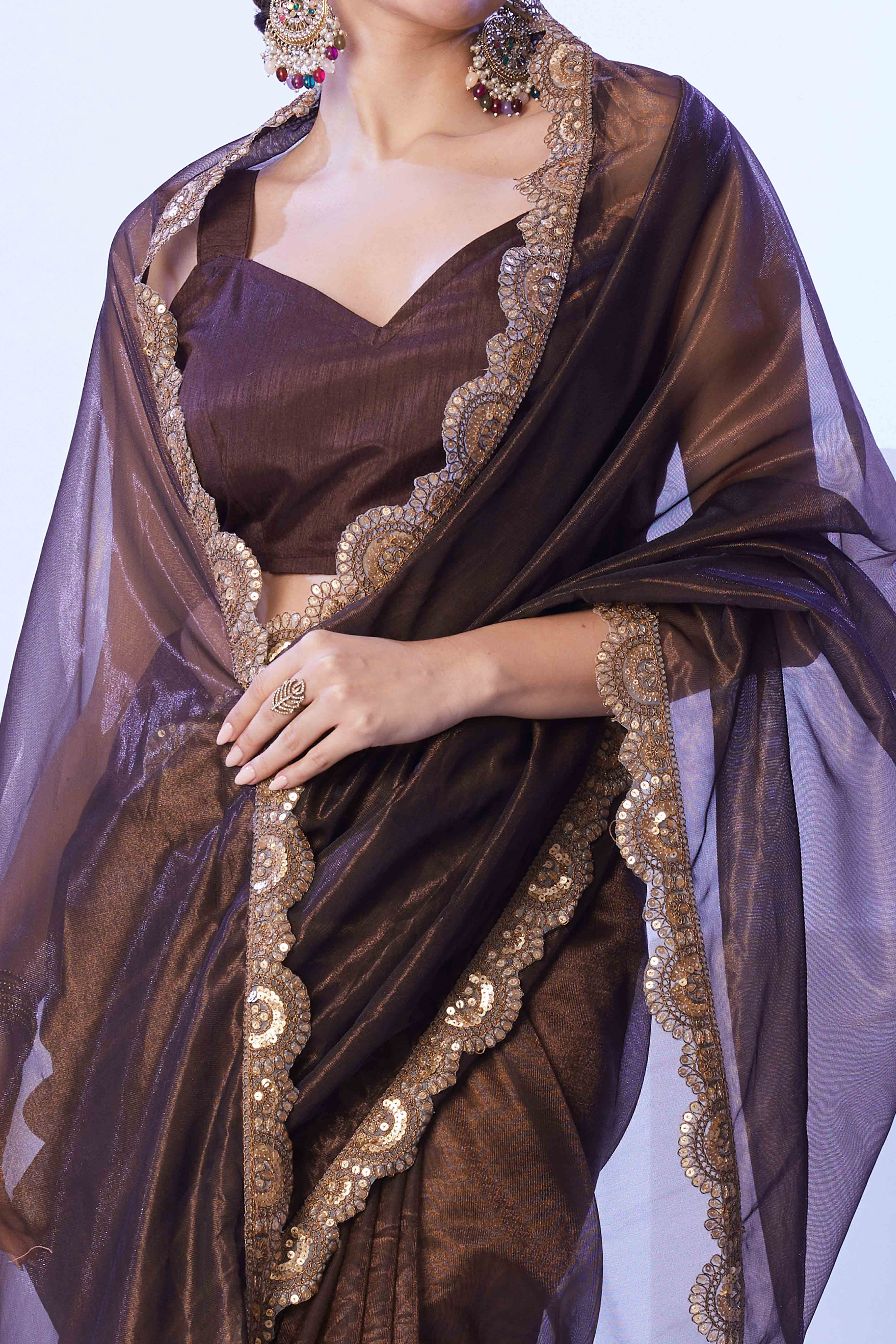 Brown Stone Work Net Solid Saree for Party Wear