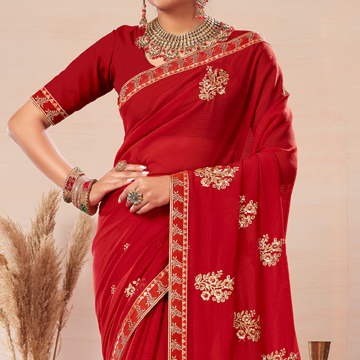 Red Floral Embroidered Georgette Saree