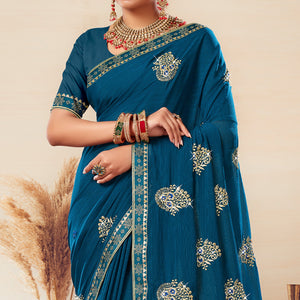 Blue Floral Embroidered Georgette Saree