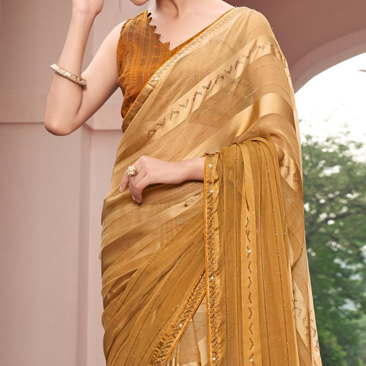 Mustard Swarovski Work Georgette Saree