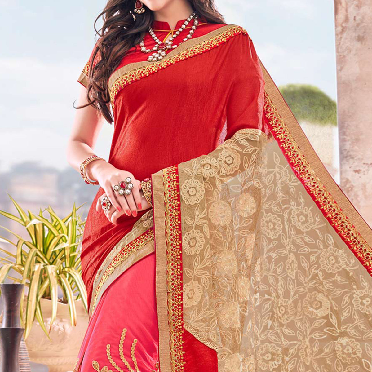Pink Red Heavy Embroidered Georgette Saree