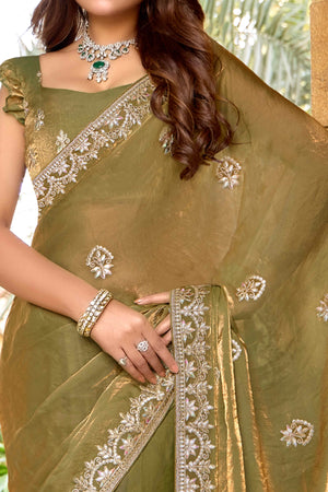 Green & Gold Floral Gota Patti Work Satin Saree