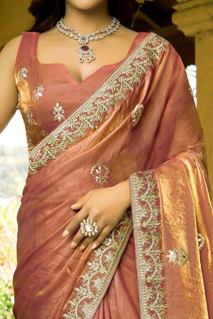 Rust & Gold Floral Gota Patti Work Satin Saree