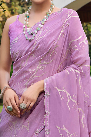 Light Purple Sequins With Zarkan Work Chiffon Saree