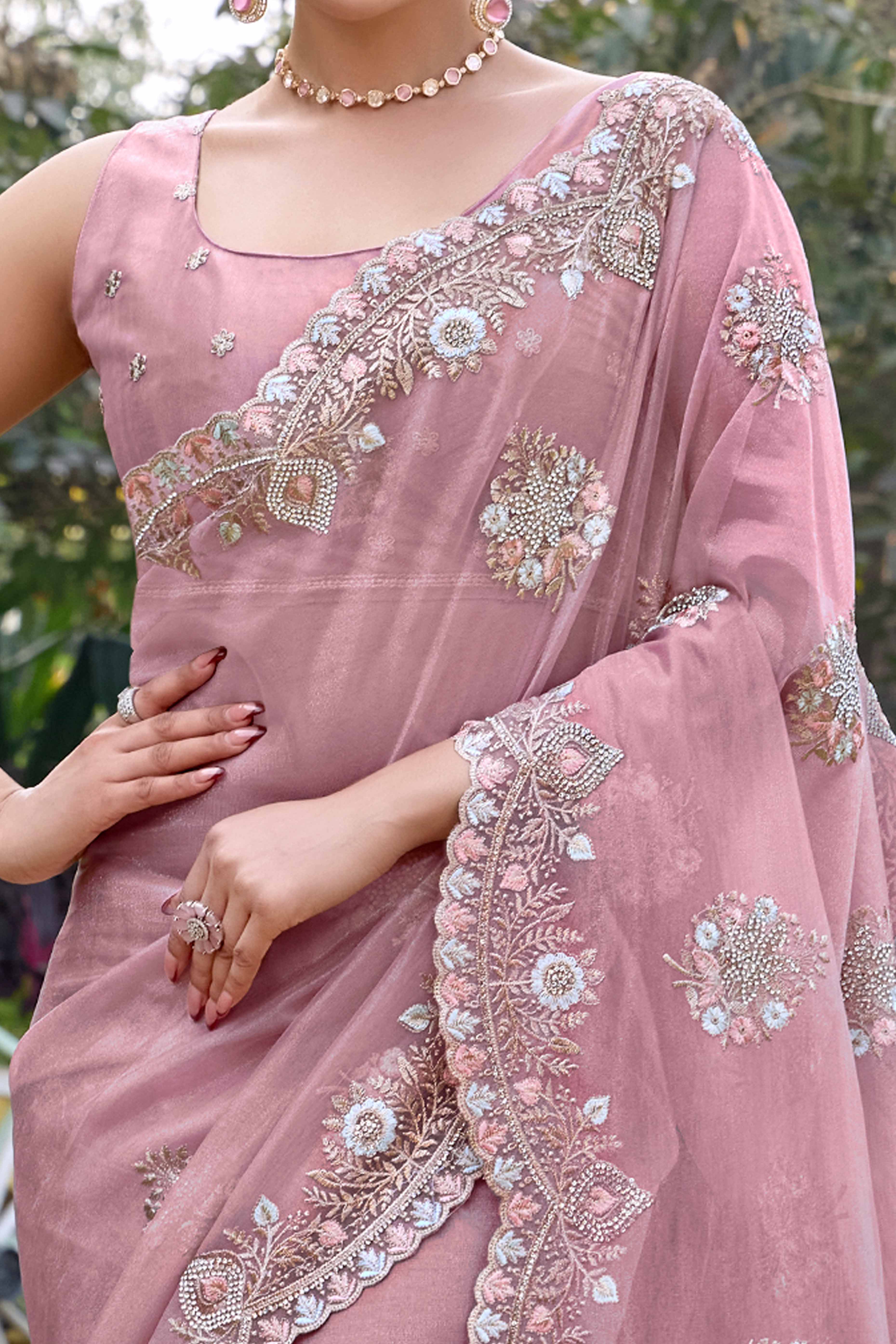 Onion Pink Floral Embroidery With Zarkan Organza Net Saree