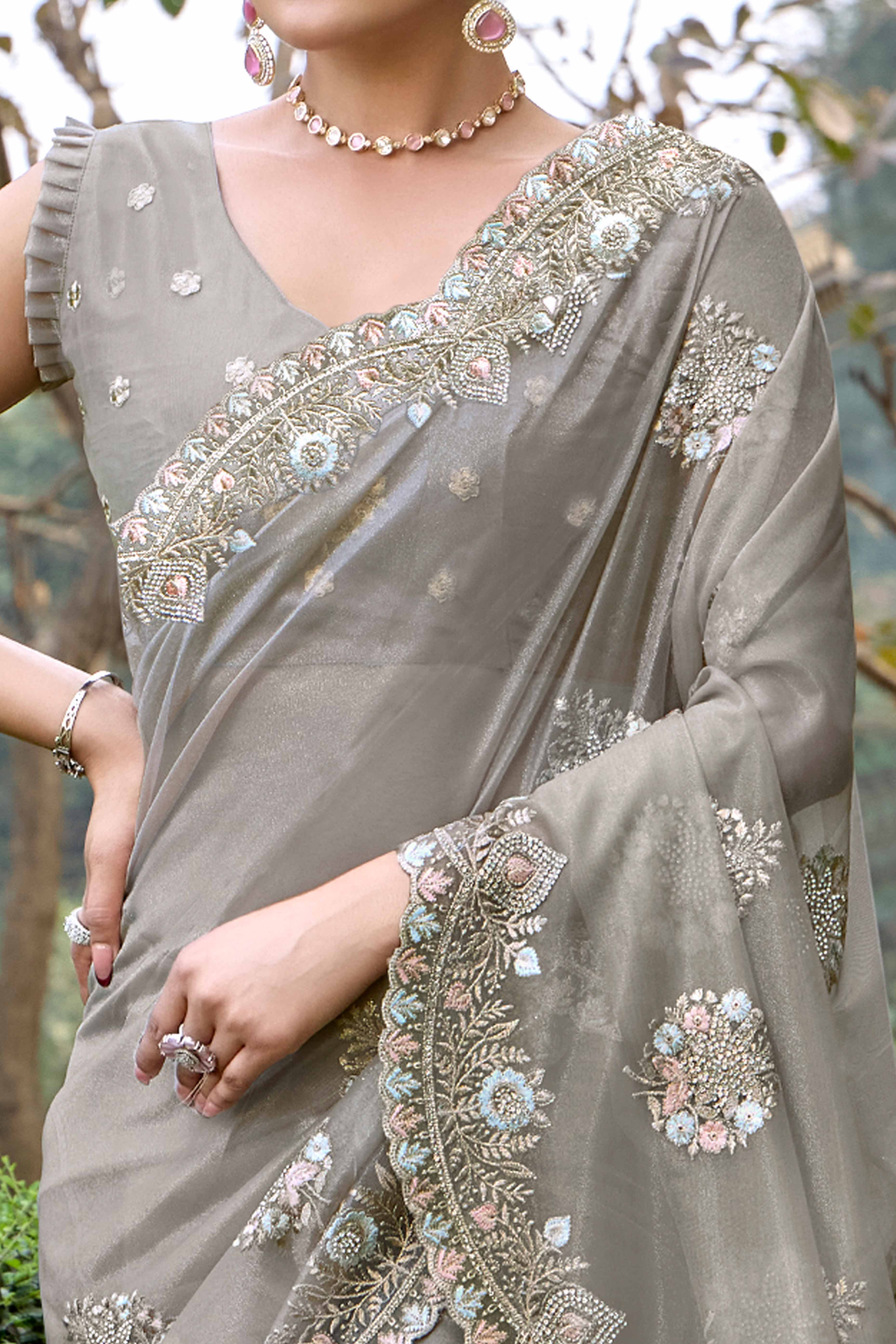 Grey Floral Embroidery With Zarkan Organza Net Saree