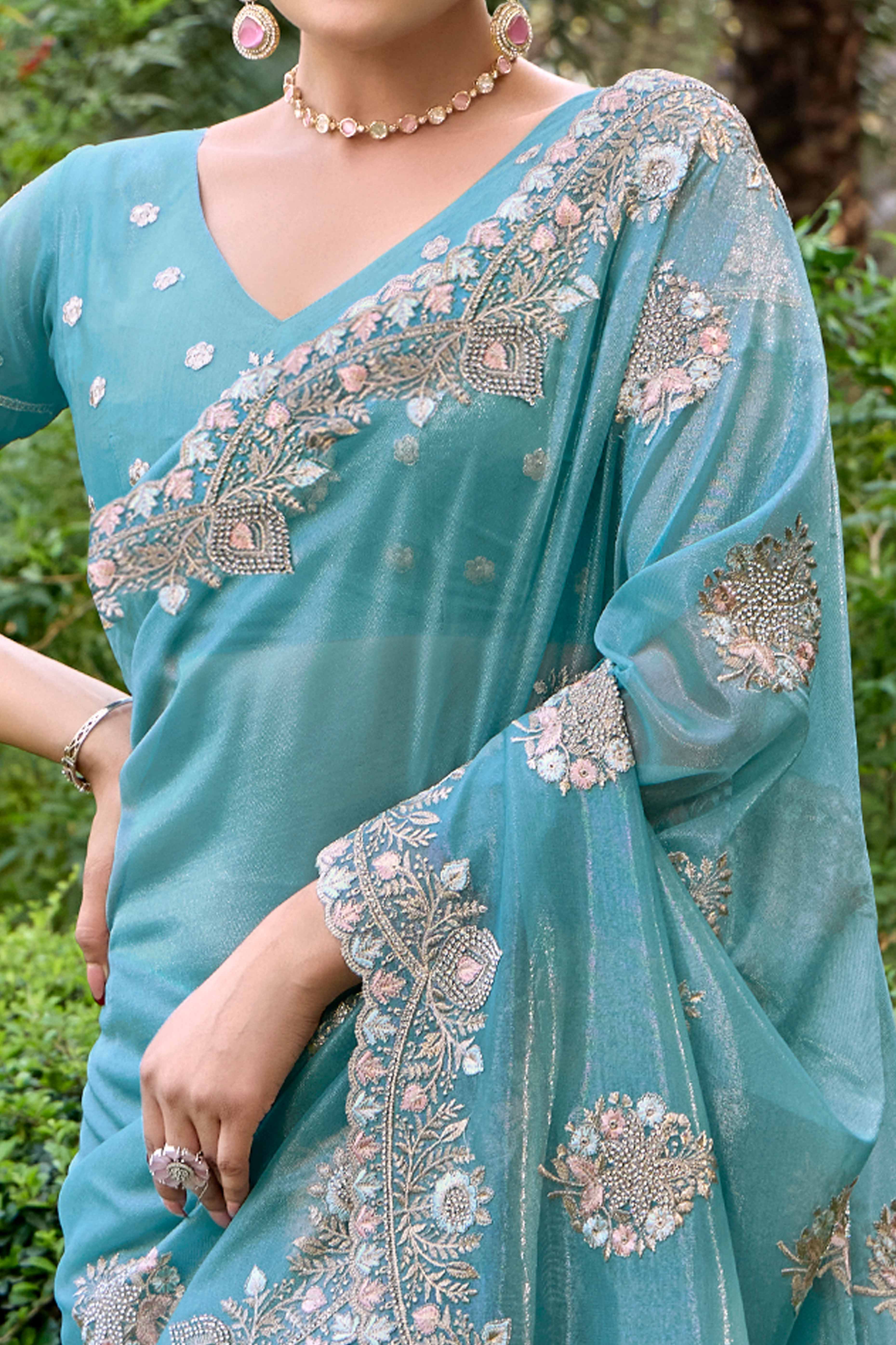Blue Floral Embroidery With Zarkan Organza Net Saree
