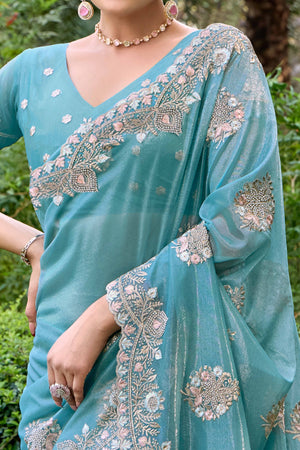 Blue Floral Embroidery With Zarkan Organza Net Saree