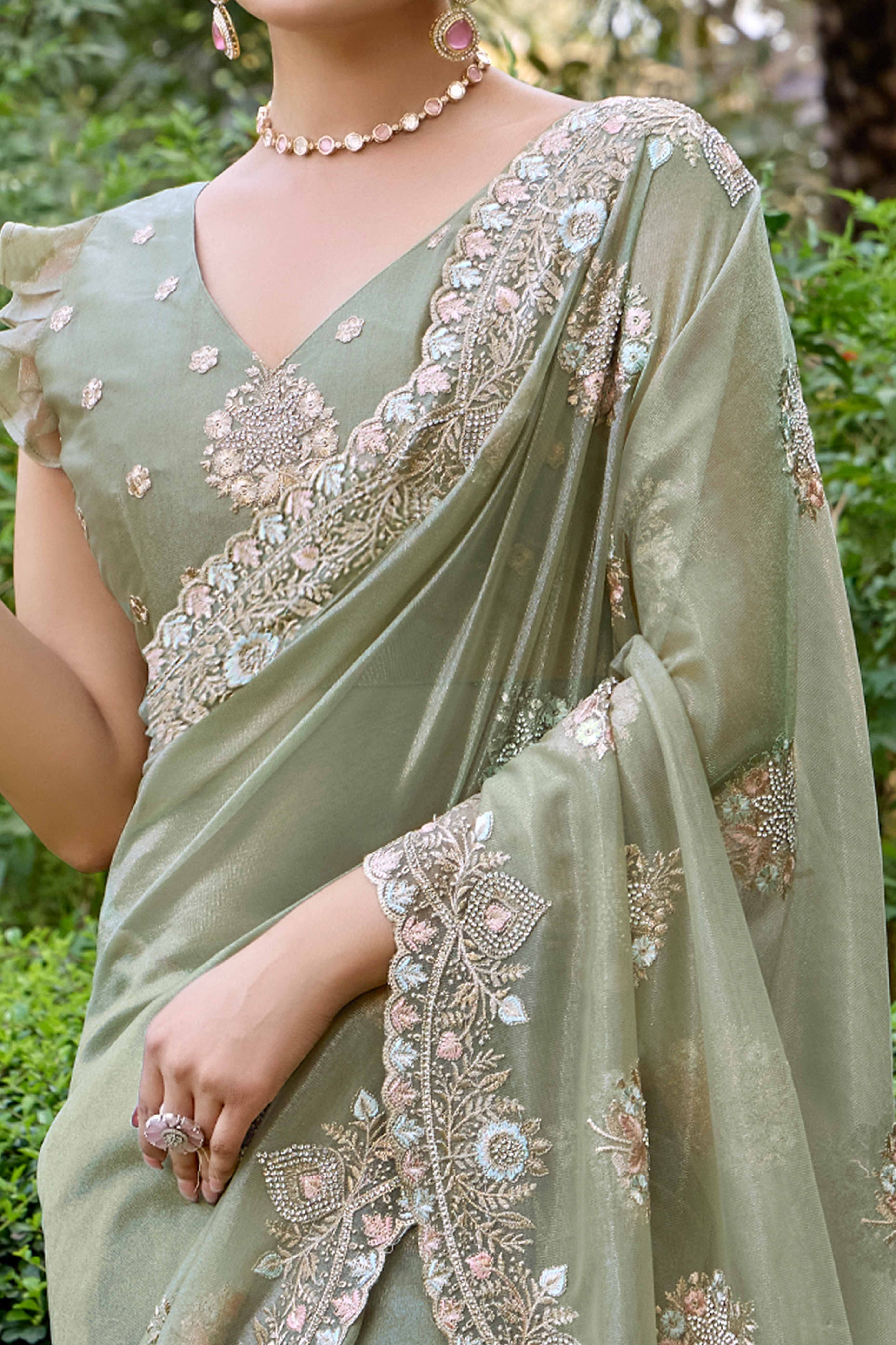 Green Floral Embroidery With Zarkan Organza Net Saree