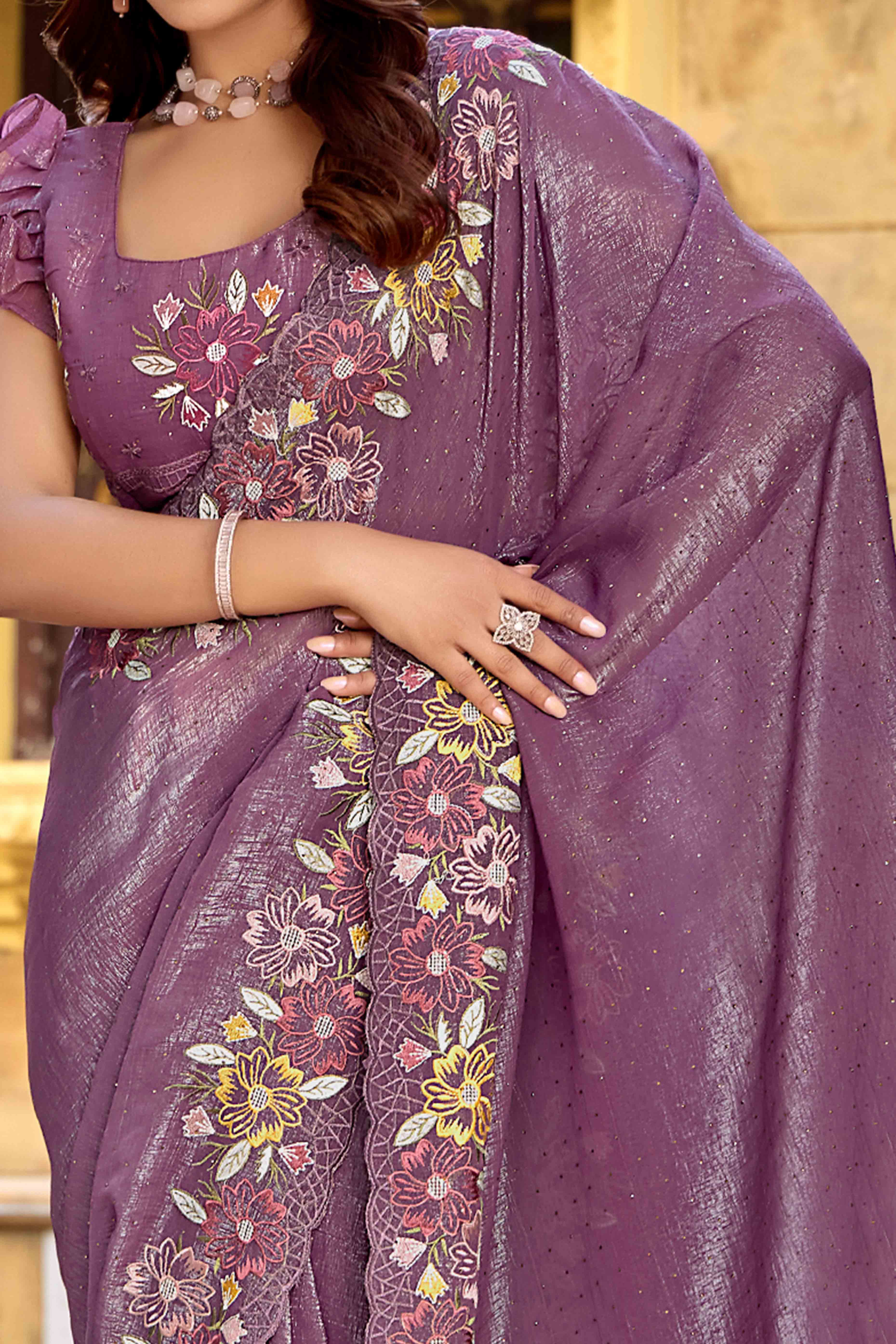 Purple Floral Embroidered With Swarovski Work Chiffon Saree