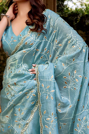 Blue Floral Sequins Embroidery With Gota Patti Work Paper Silk Saree