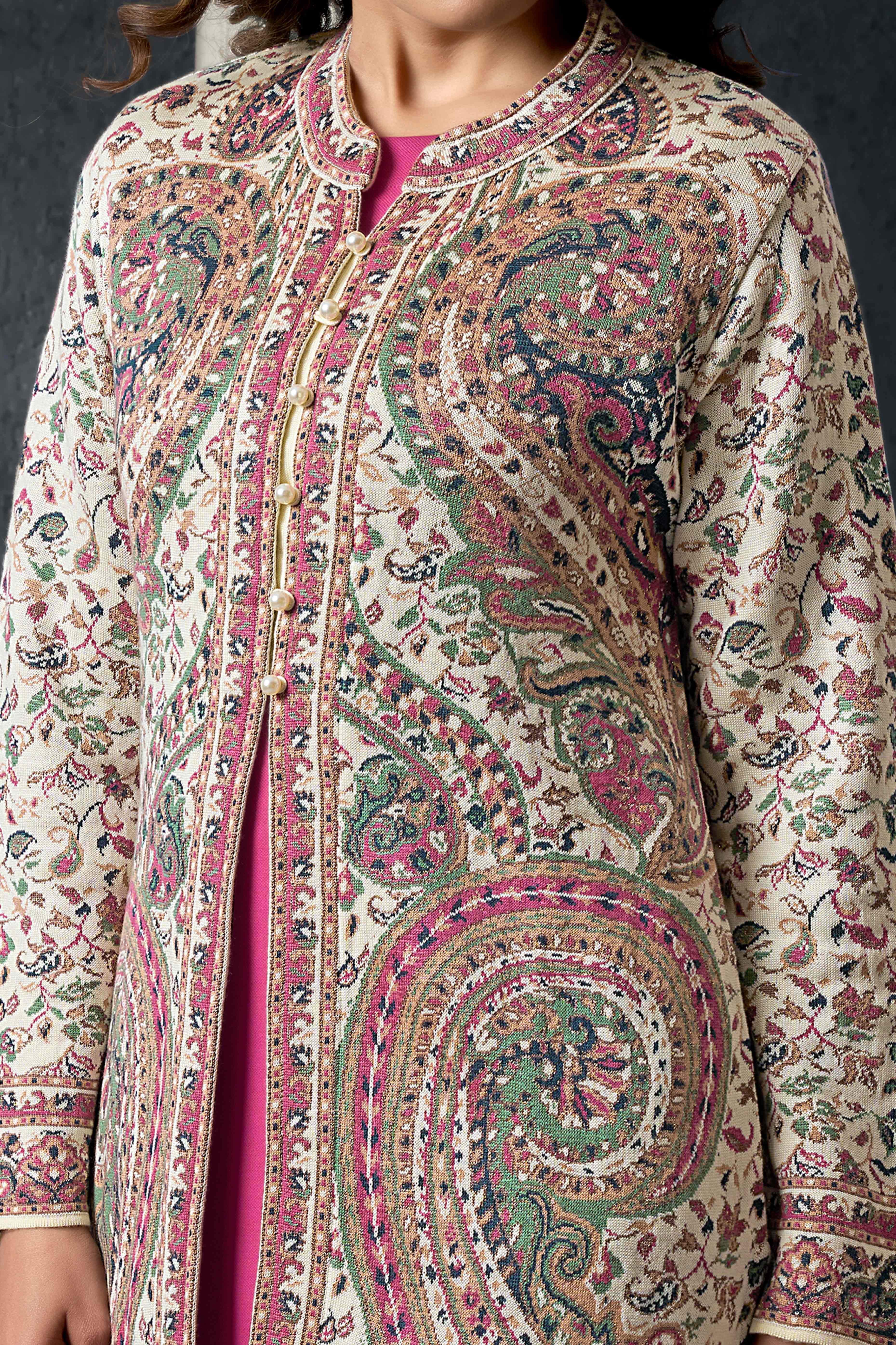 Cream Paisley Weaving Woolen Front Slit Top Bottom Set with Jacket