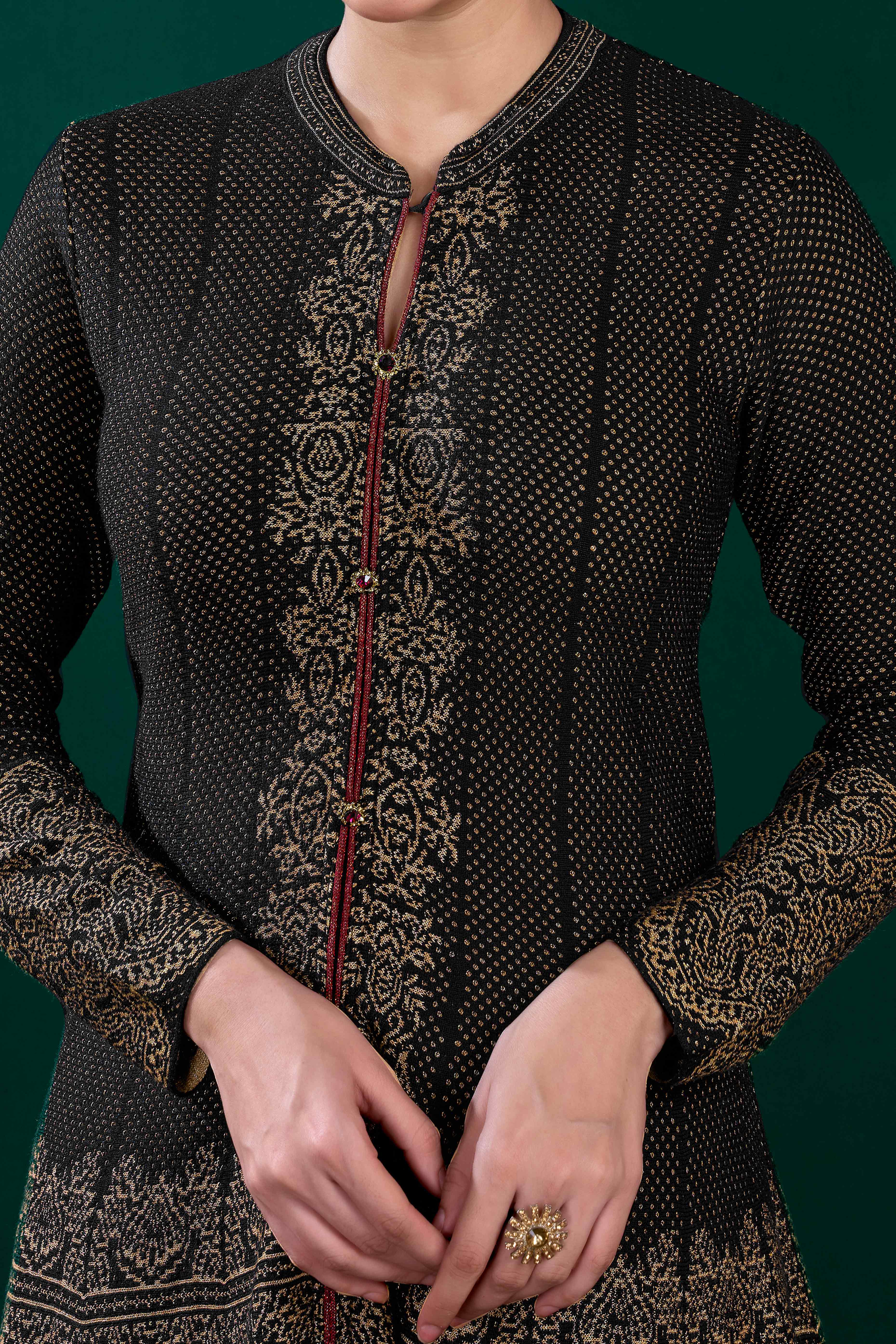 Black Floral Woven A-Line Salwar Suit