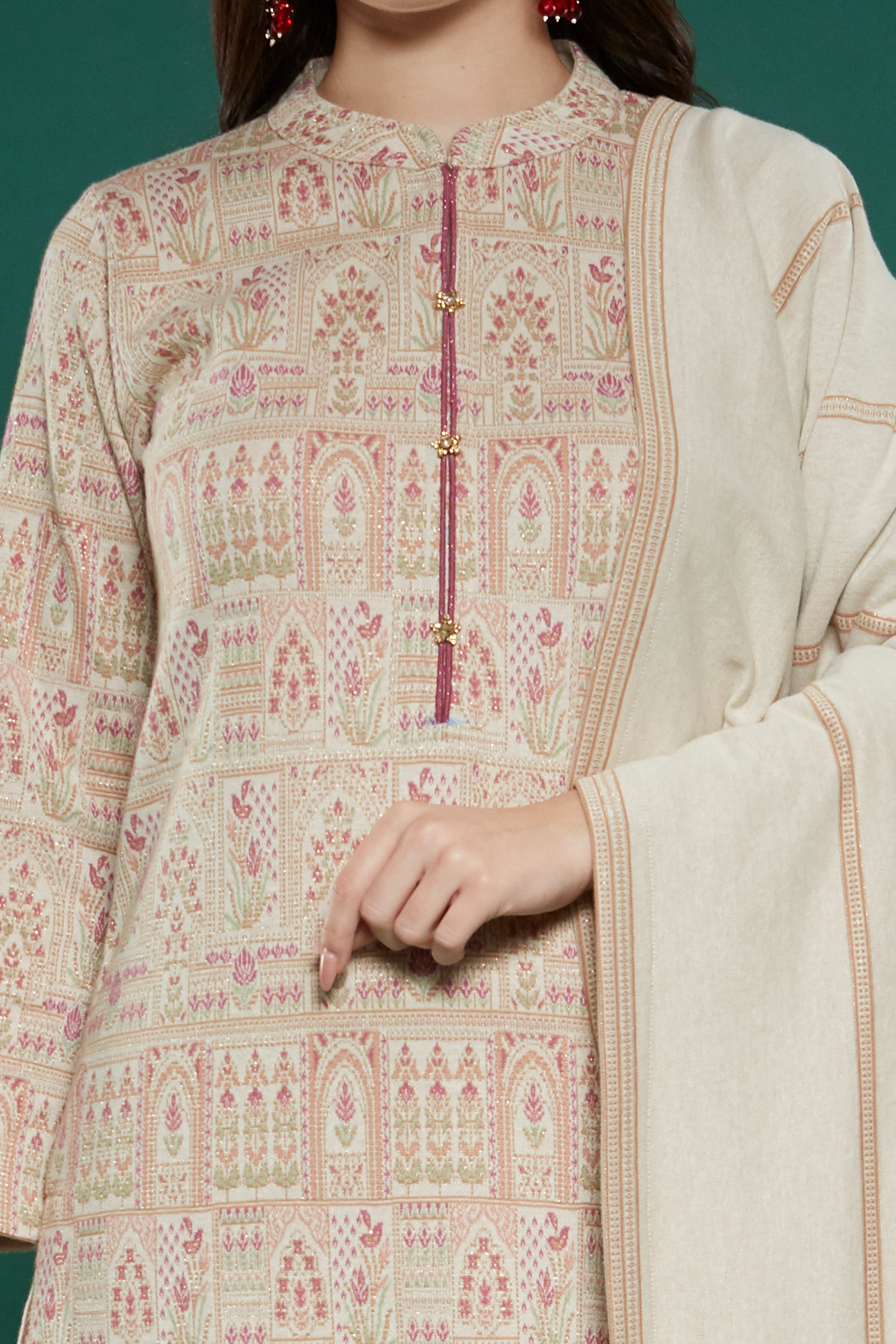 Beige Floral Woven Woolen Straight Salwar Suit