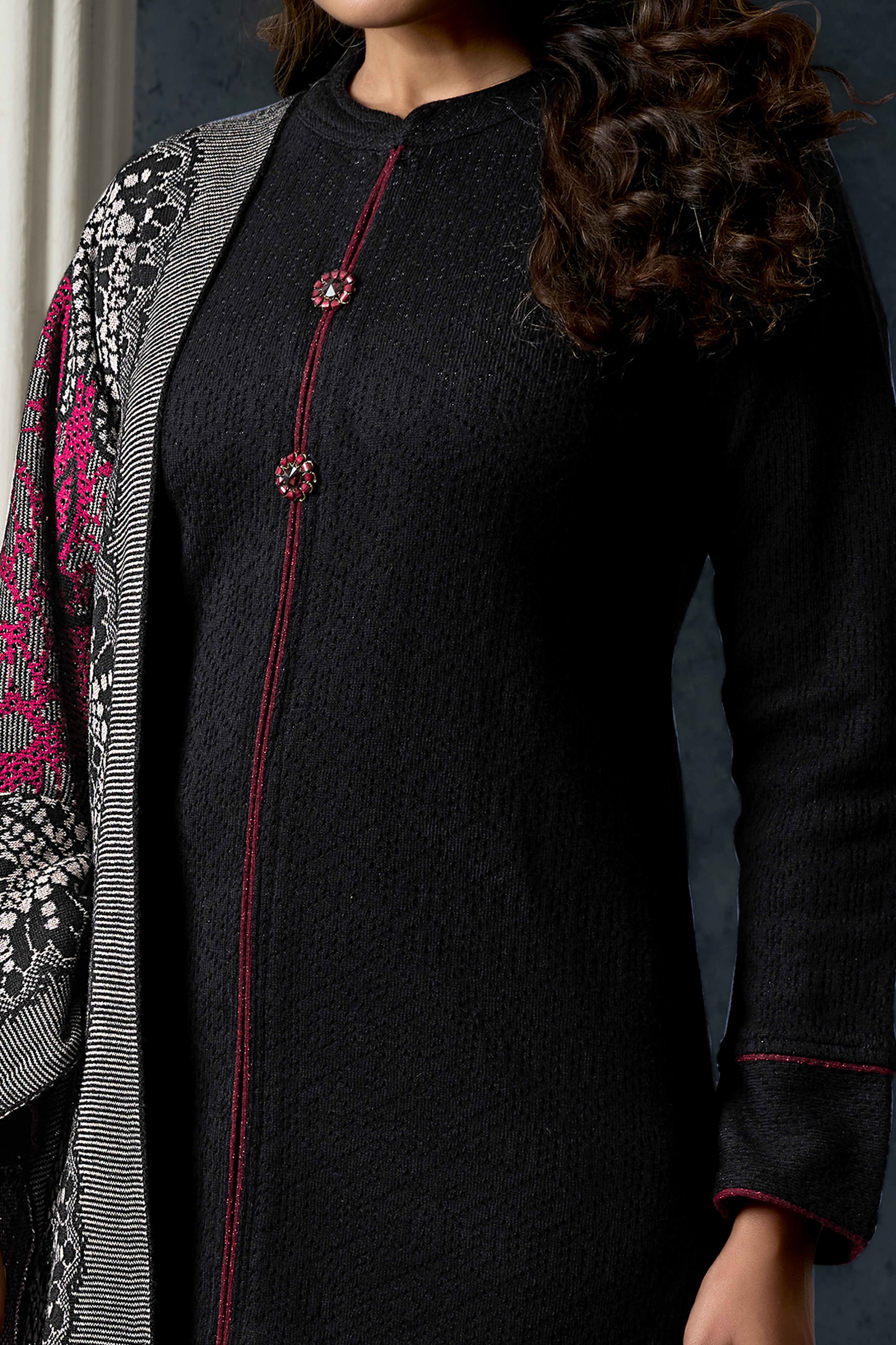 Black Weaving Woolen Front Slit Salwar Suit