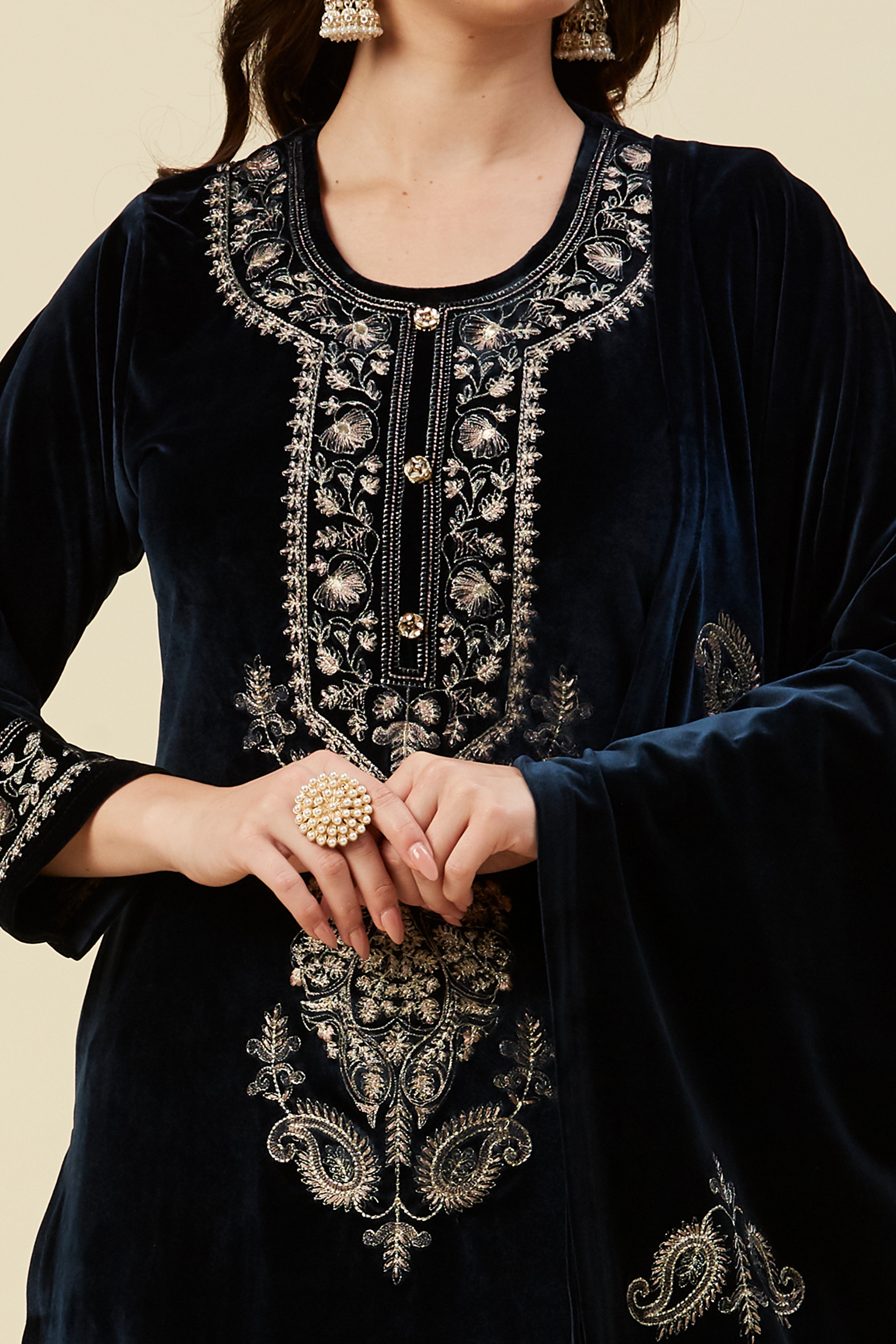 Navy Blue Embroidered Velvet Straight Salwar Suit
