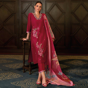 Magenta Floral Handwork Embroidered Viscose Salwar Suit
