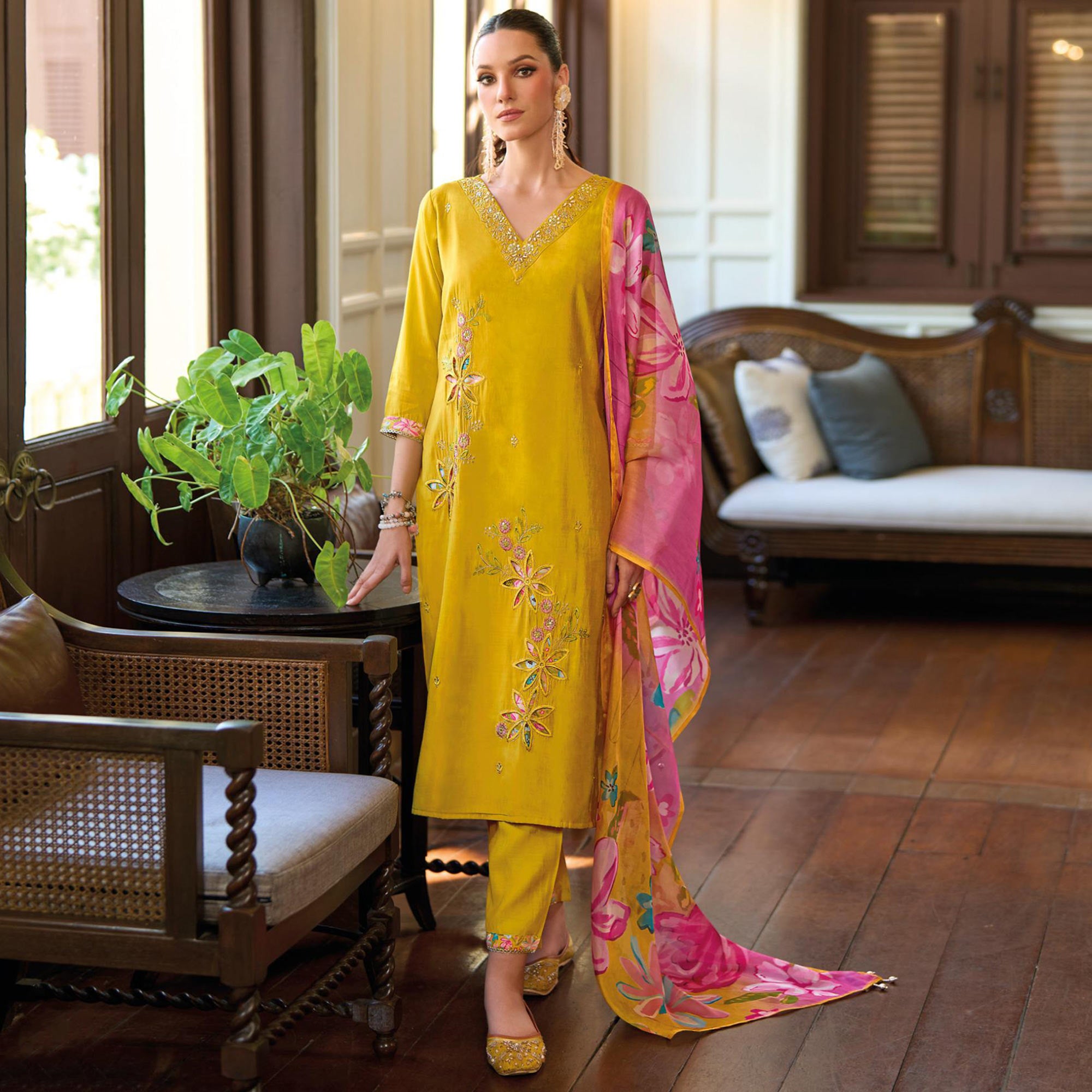 Mustard Floral Handwork Embroidered Viscose Salwar Suit