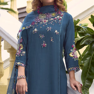 Teal Floral Handwork Embroidered Viscose Salwar Suit