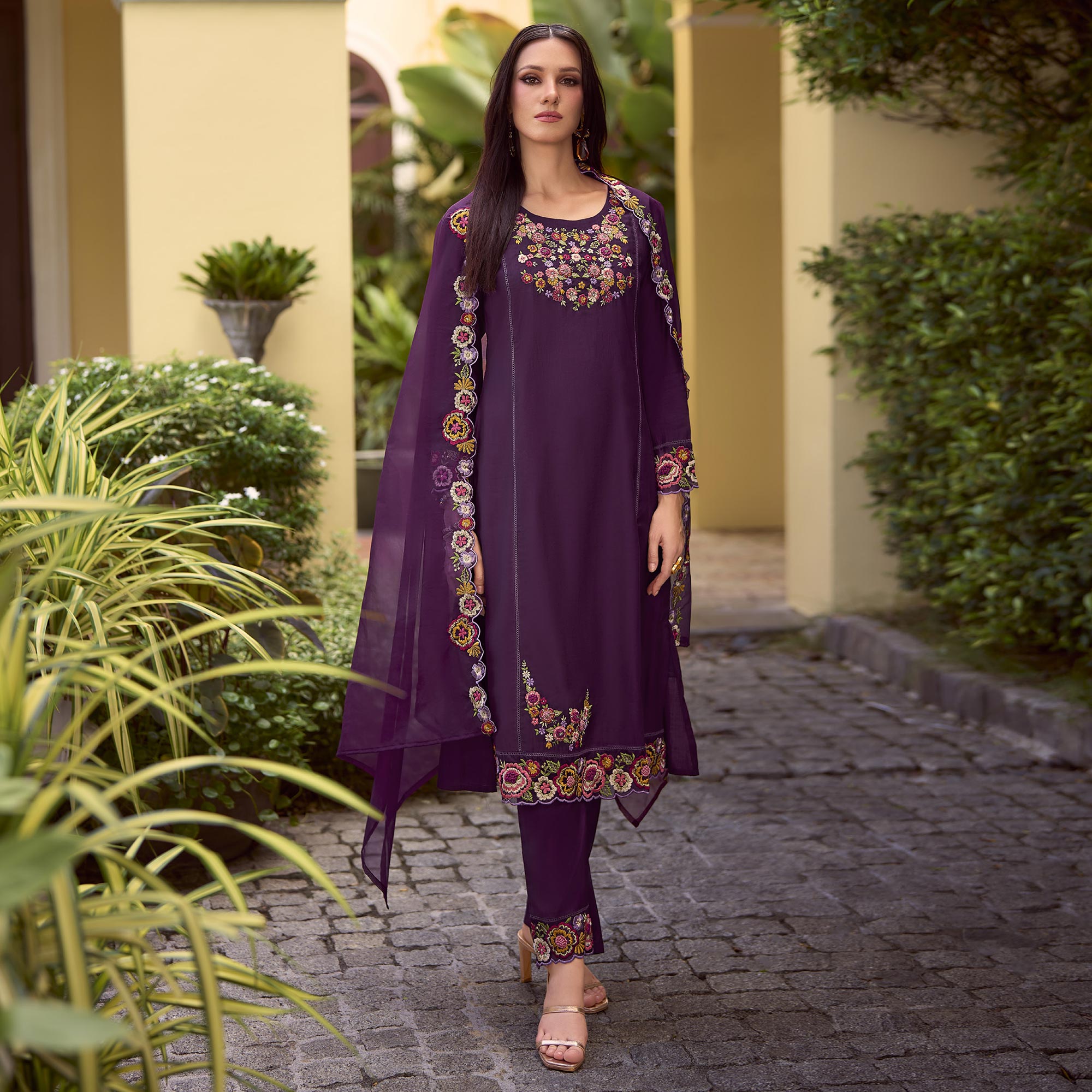 Purple Floral Handwork Embroidered Viscose Salwar Suit