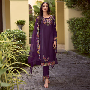 Purple Floral Handwork Embroidered Viscose Salwar Suit
