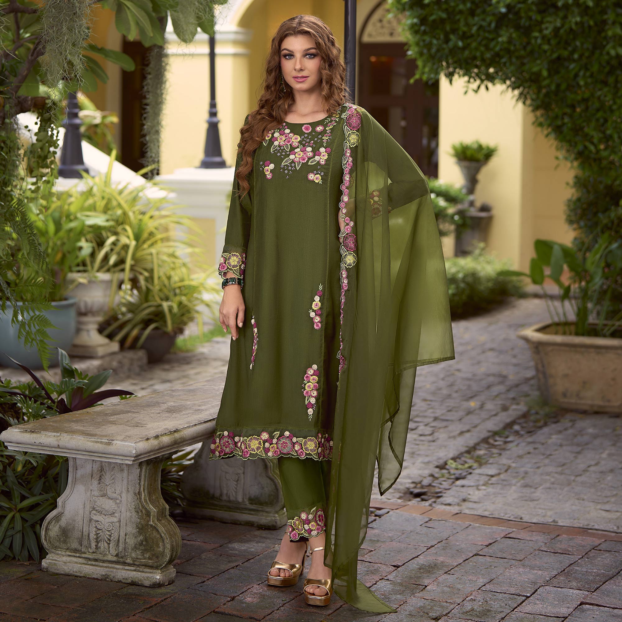 Green Floral Handwork Embroidered Viscose Salwar Suit