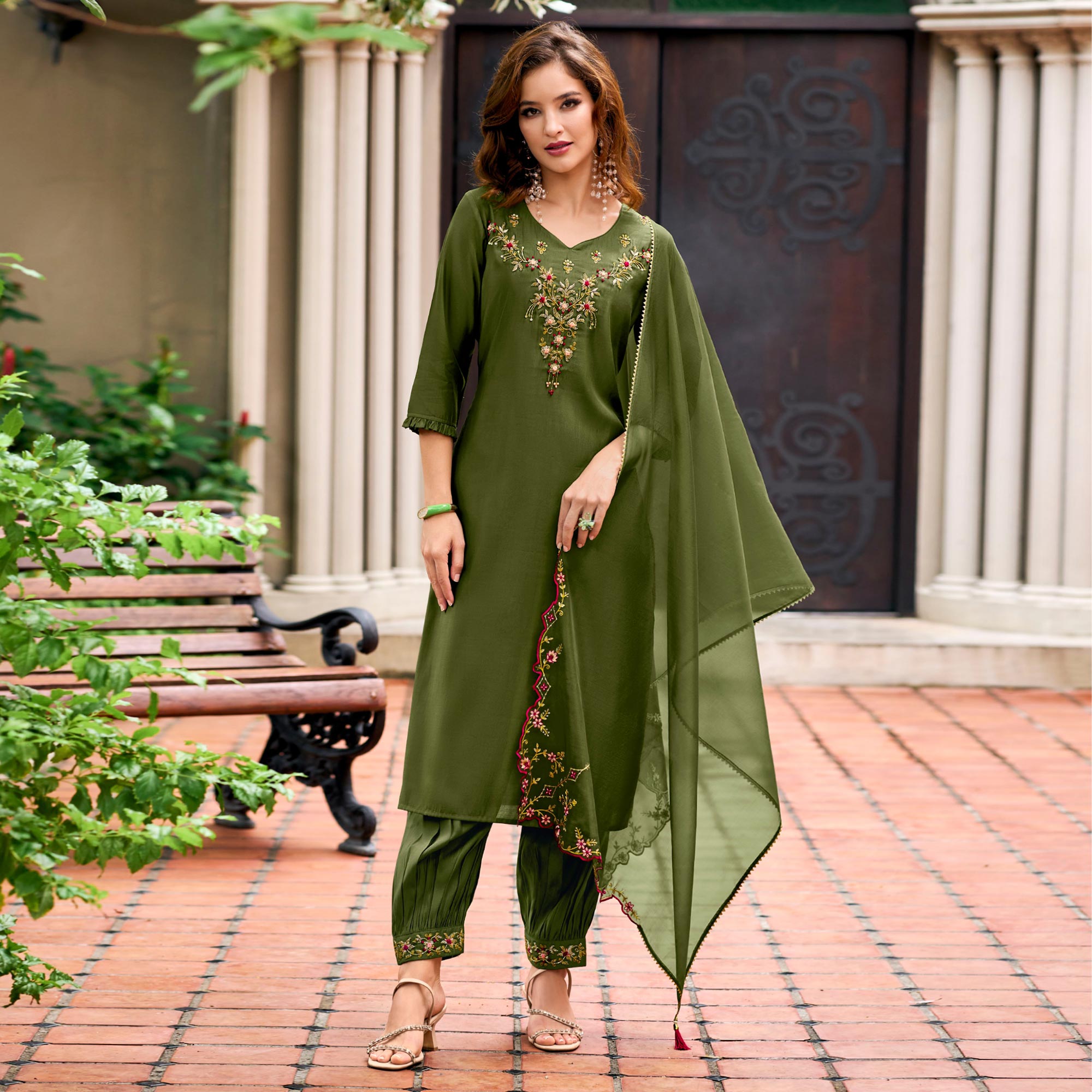 Green Floral Embroidery Chanderi Silk Suit