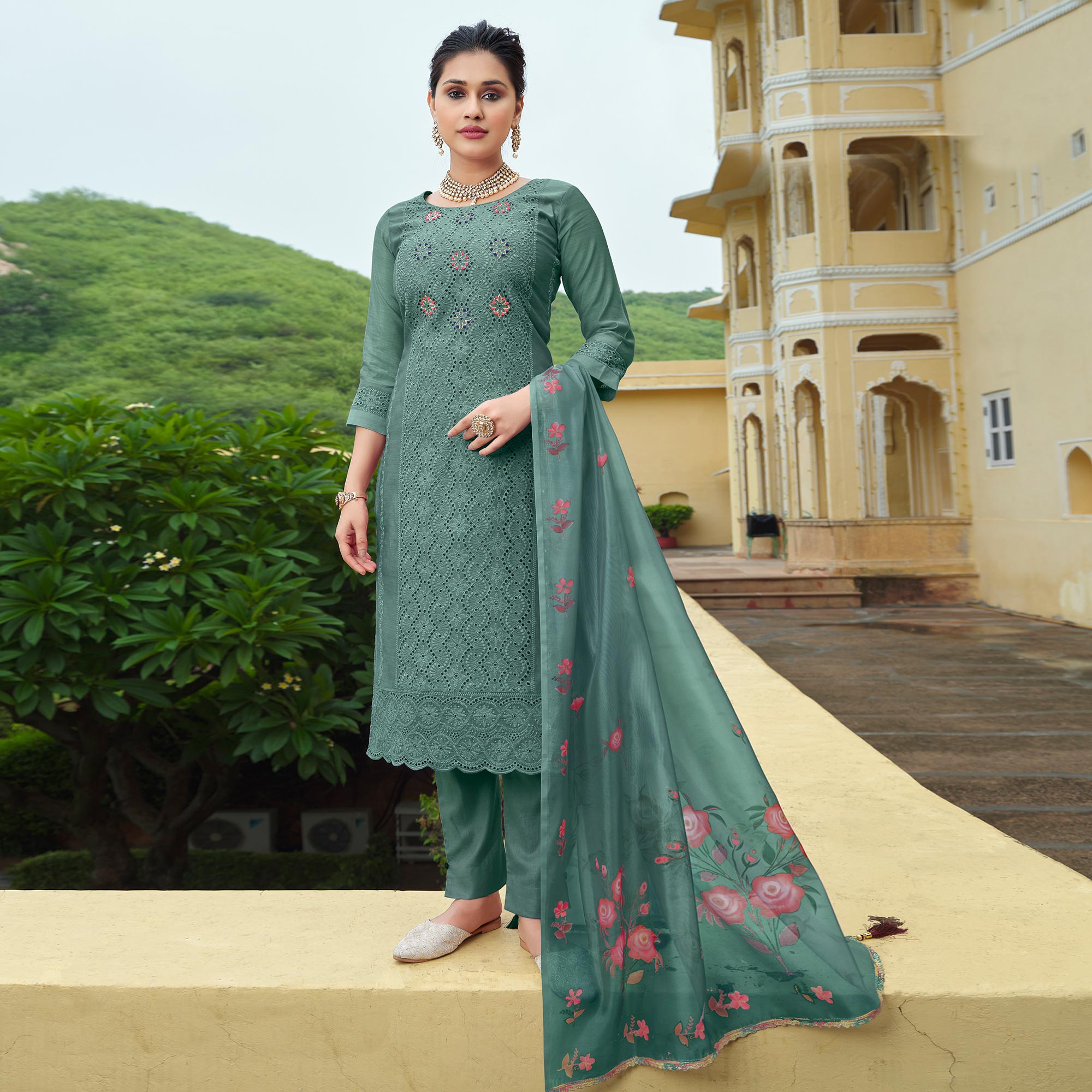 Green Chikankari Work Cotton Silk Salwar Suit - Image 3