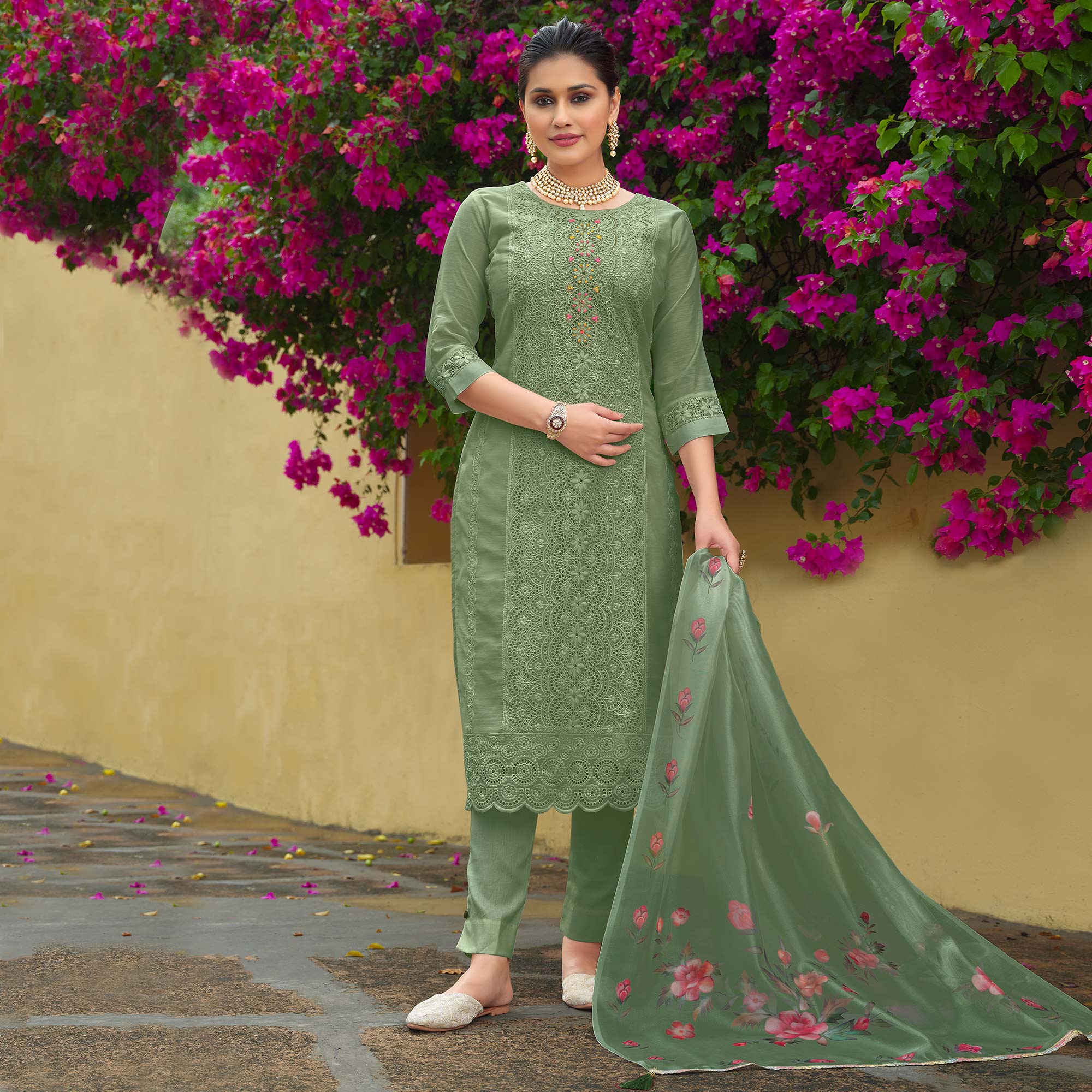 Green Chikankari Work Cotton Silk Salwar Suit