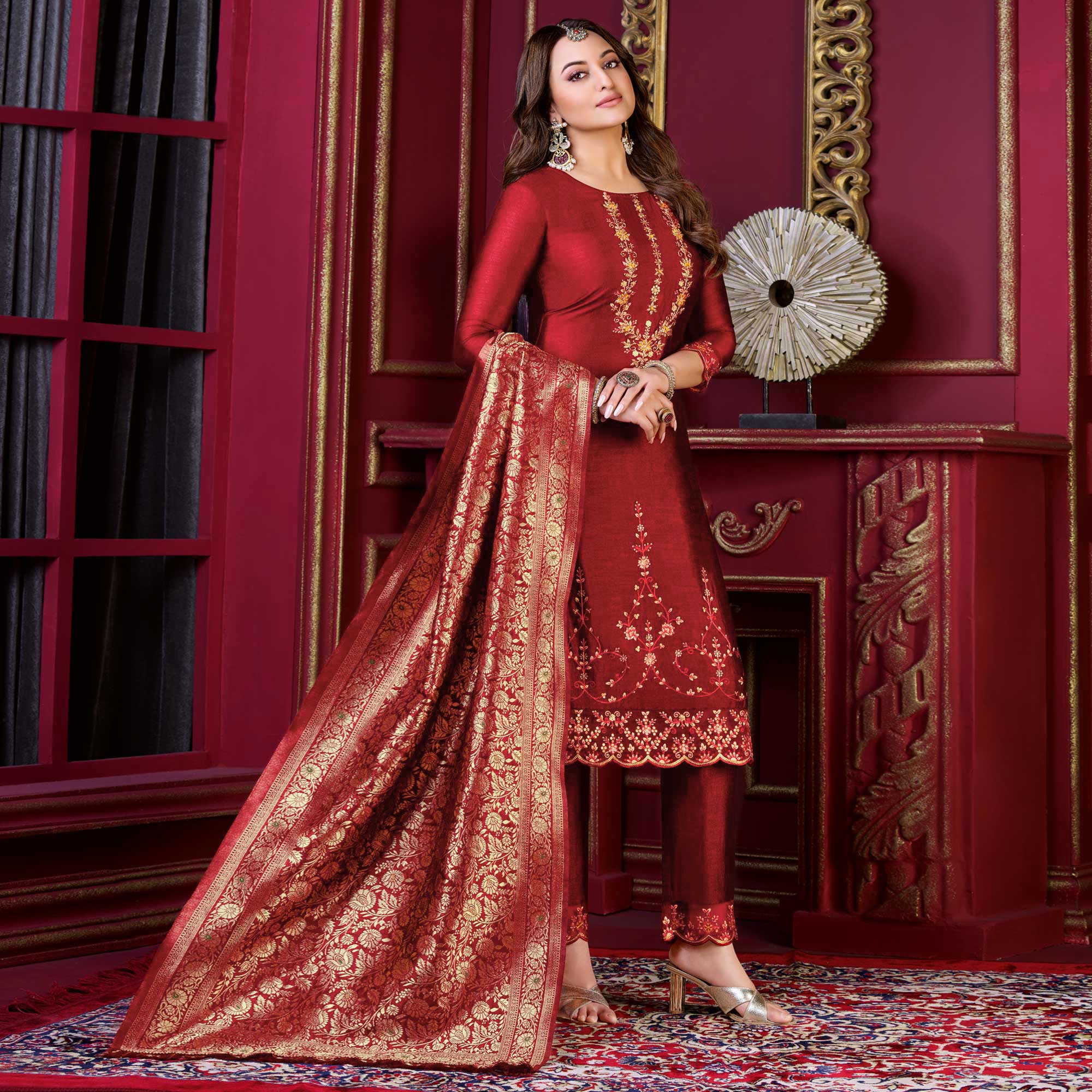 Red Floral Sequins Embroidered Cotton Silk Suit