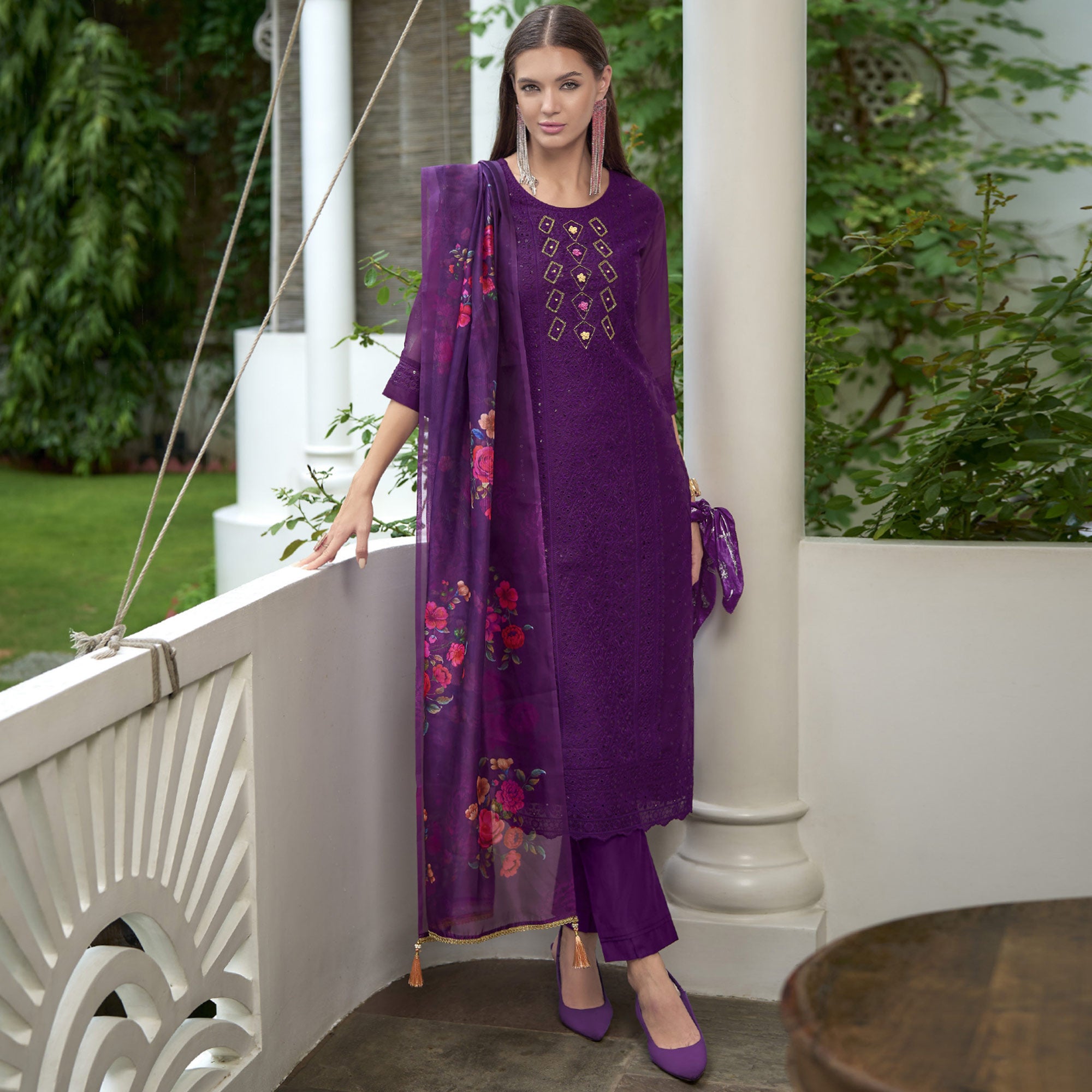 Purple Chikankari With Handwork Organza Salwar Suit