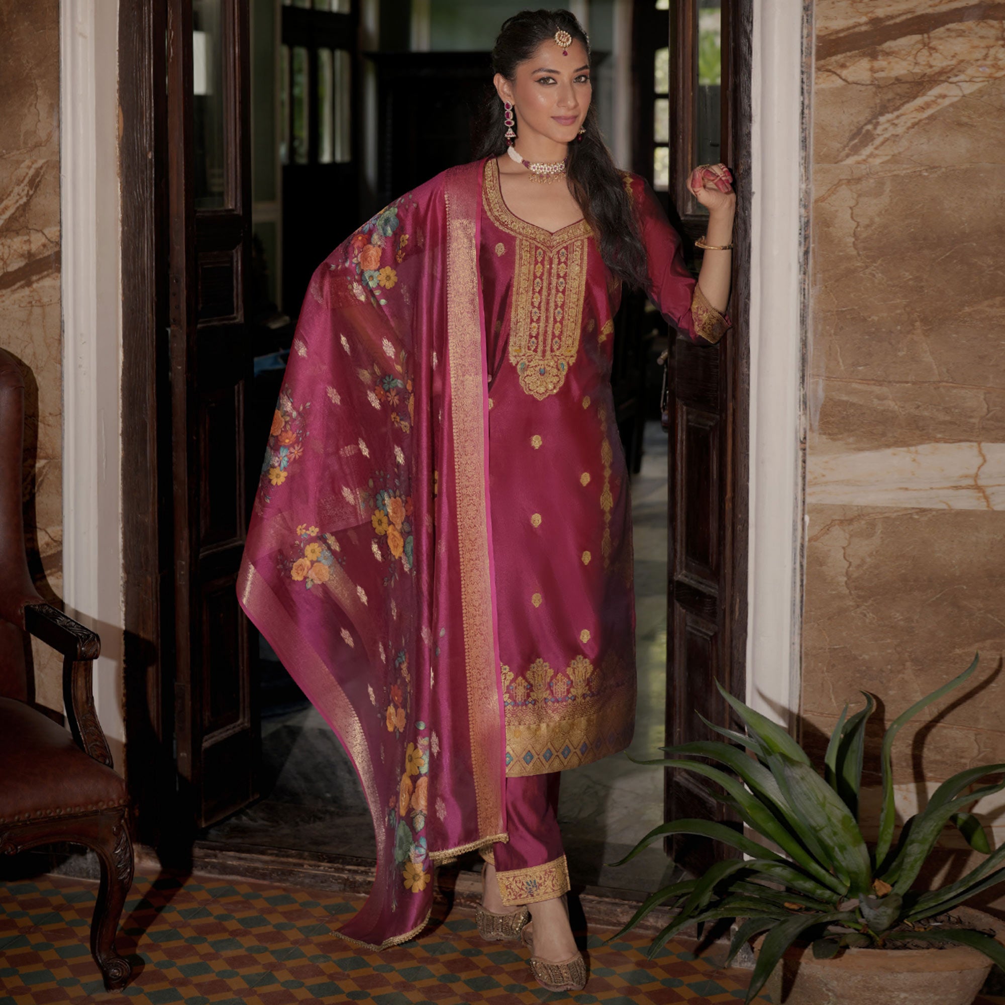 Pink Floral Woven With Handwork Organza Salwar Suit