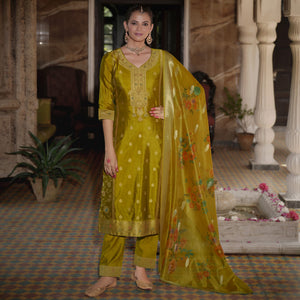 Olive Green Floral Woven With Handwork Organza Salwar Suit