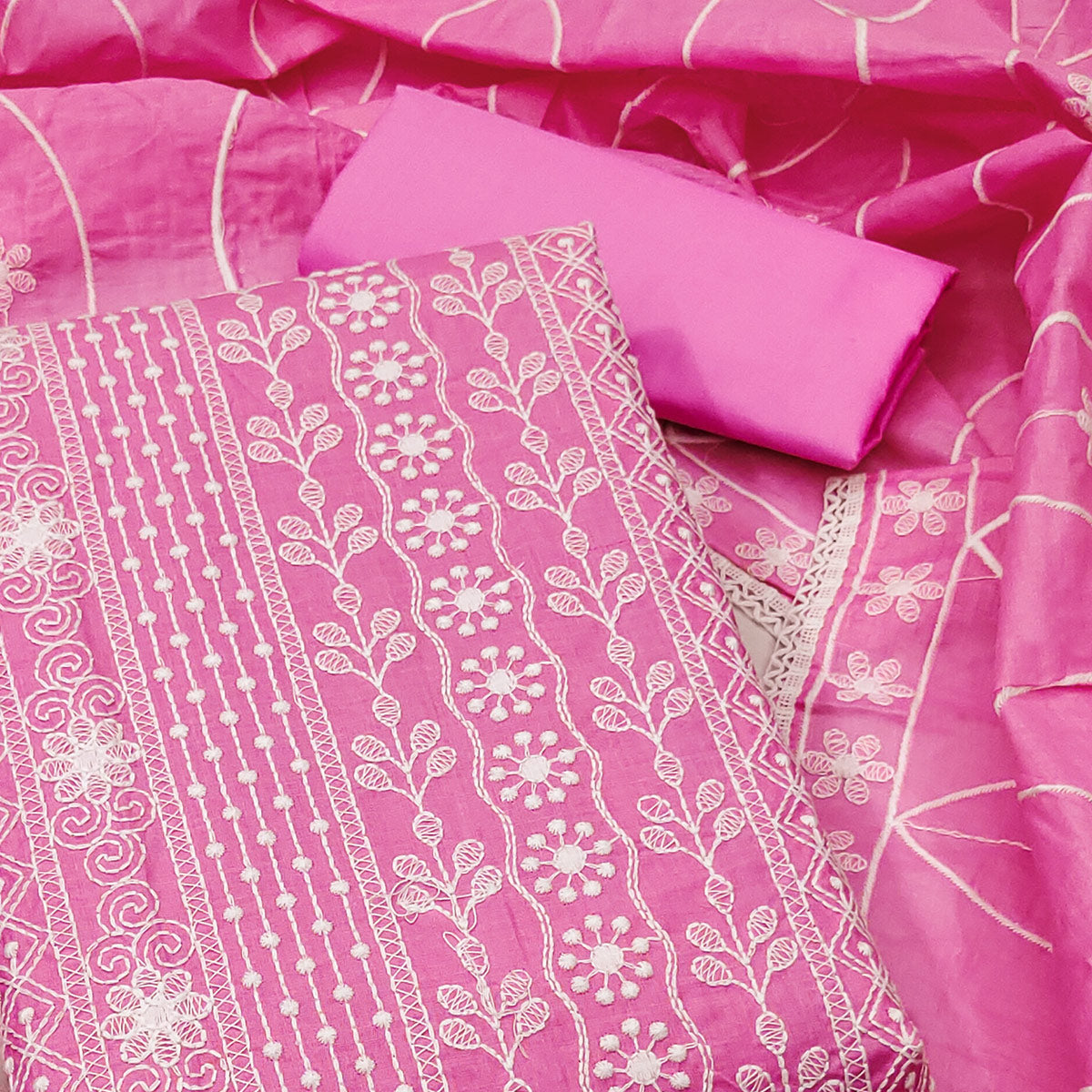 Pink Floral Embroidered Pure Cotton Dress Material
