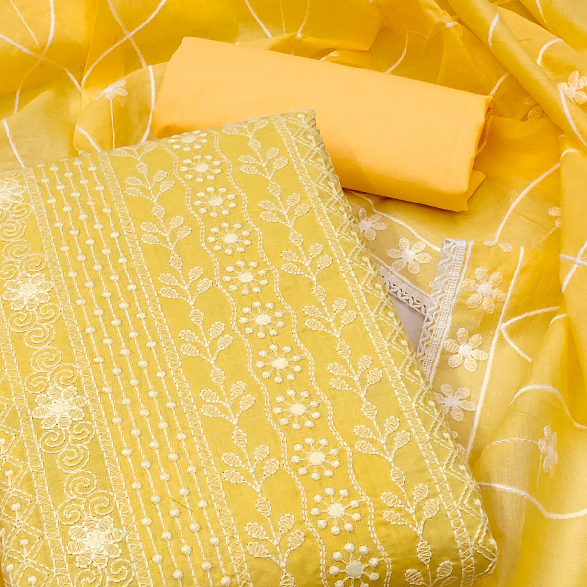 Yellow Floral Embroidered Pure Cotton Dress Material
