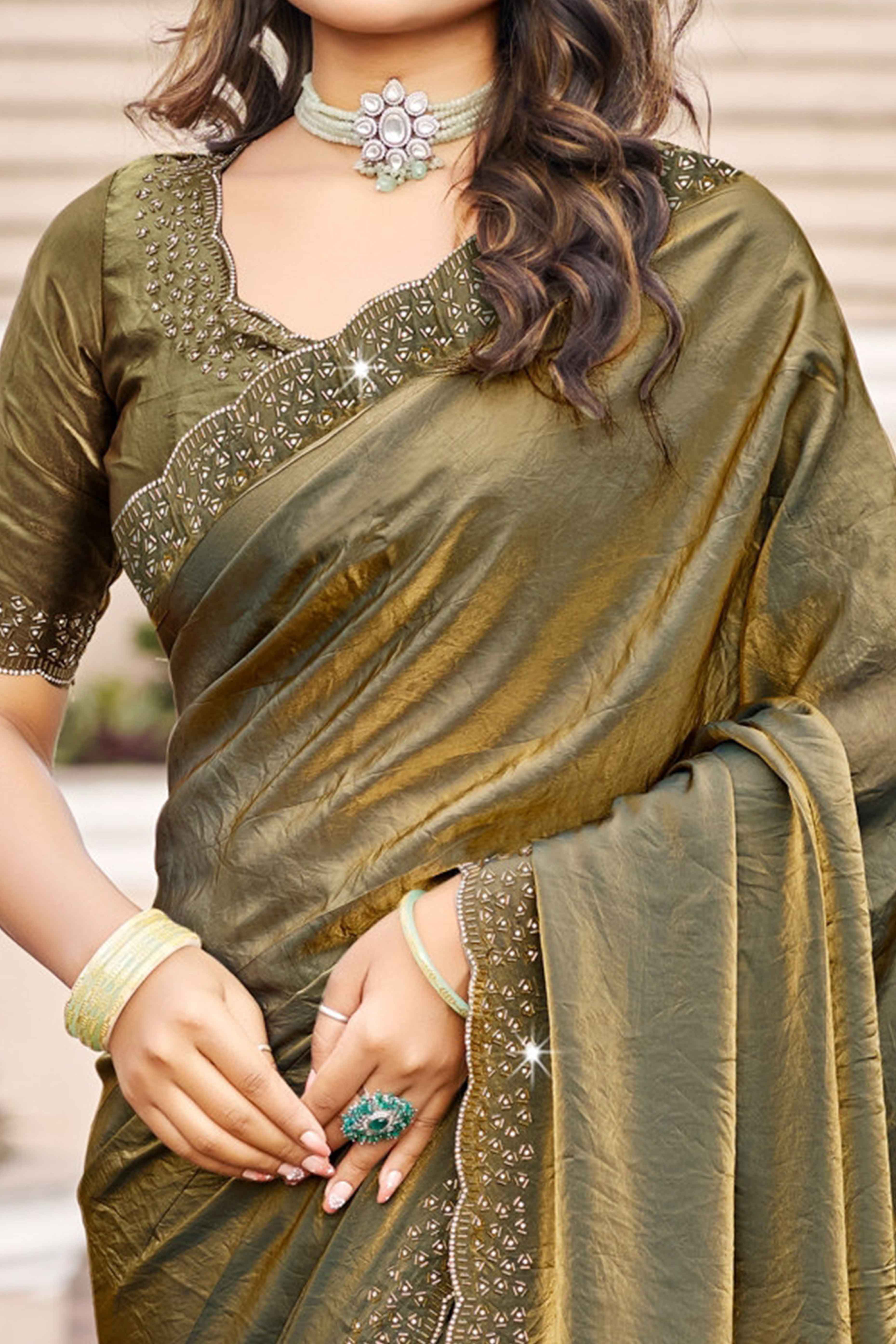 Designer Mehendi Green Satin Saree Featuring Elegant Beads and Stone Embellishments