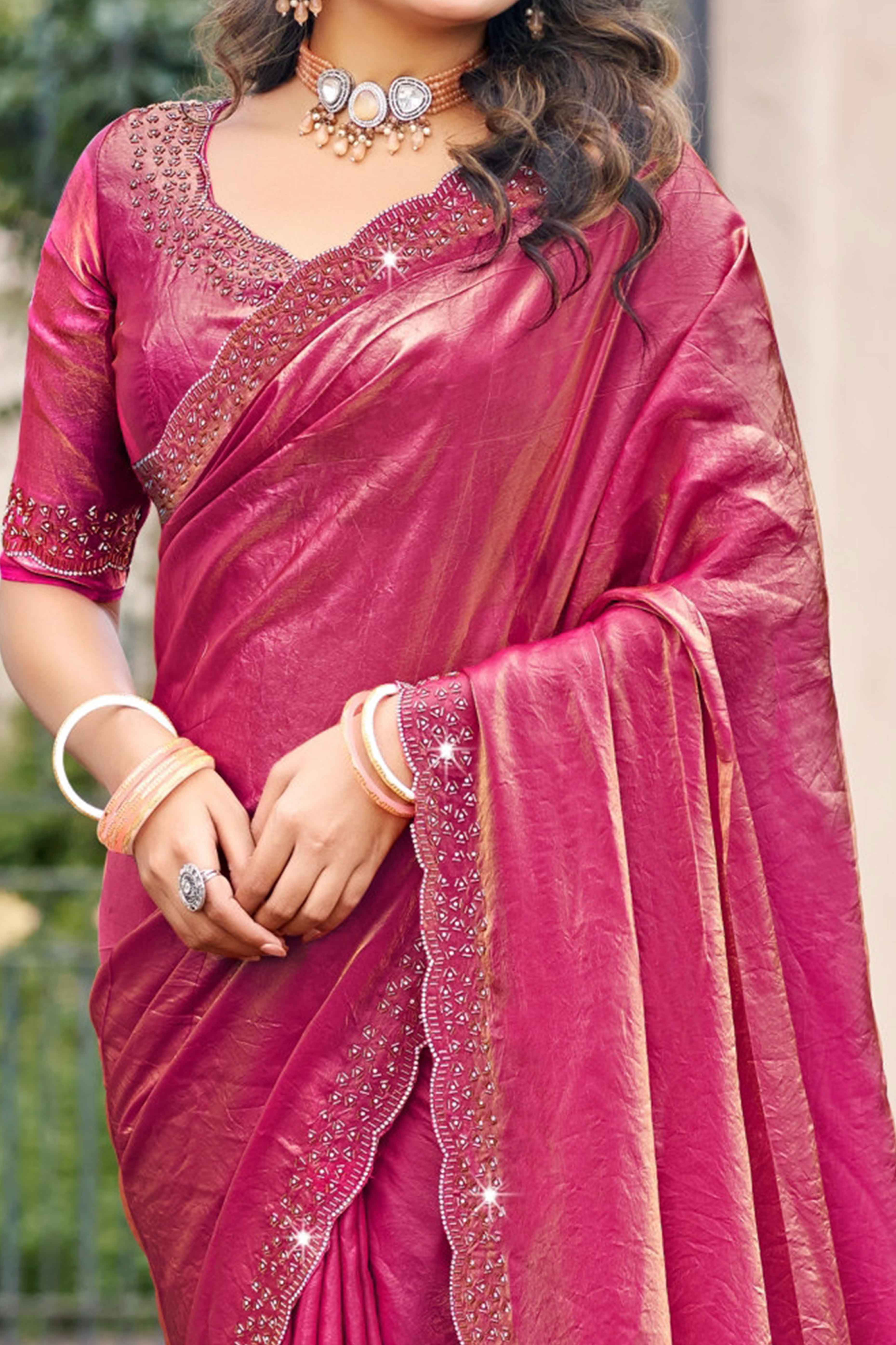 Designer Pink Satin Saree Featuring Elegant Beads and Stone Embellishments