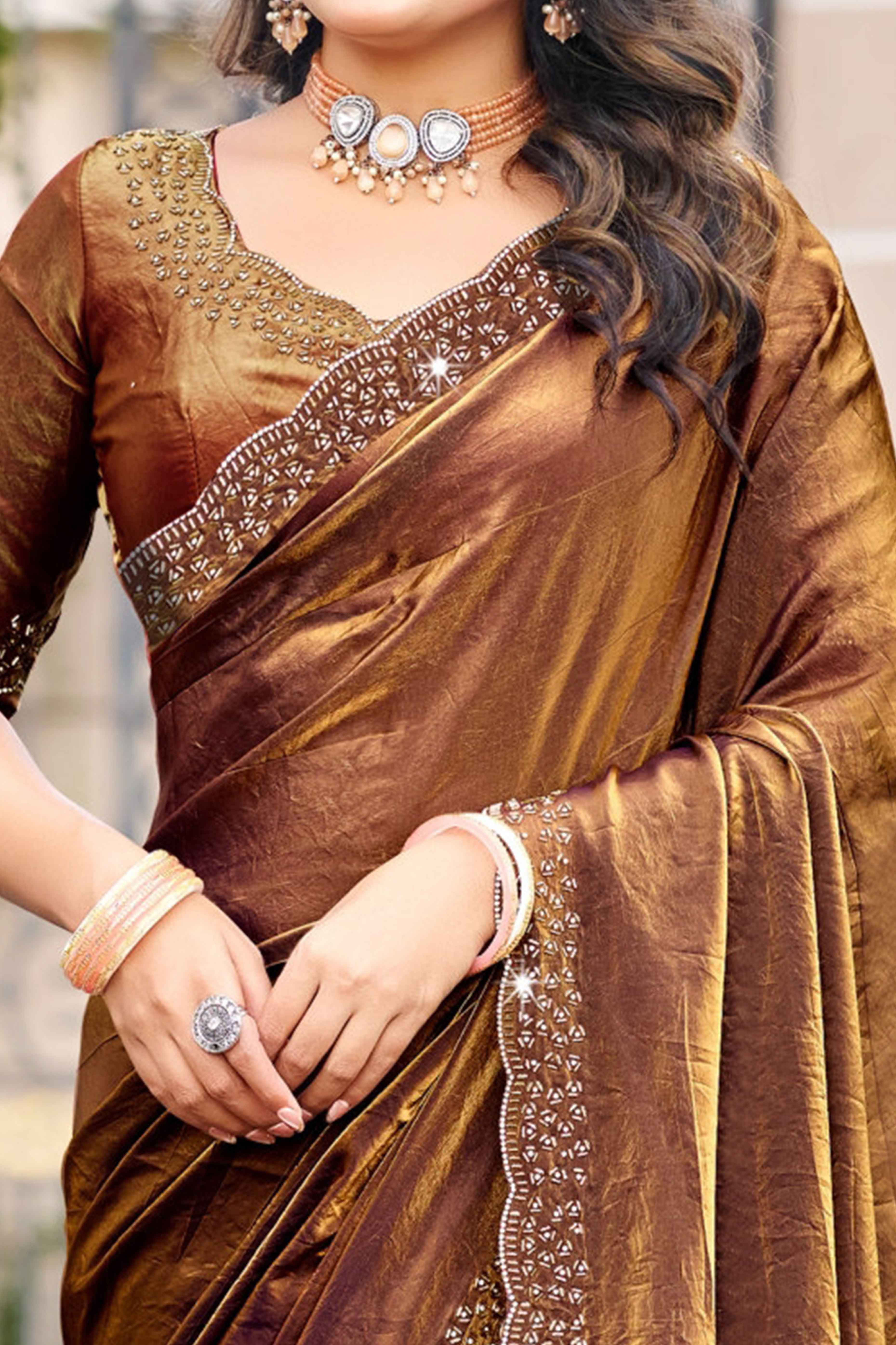 Designer Brown Satin Saree Featuring Elegant Beads and Stone Embellishments