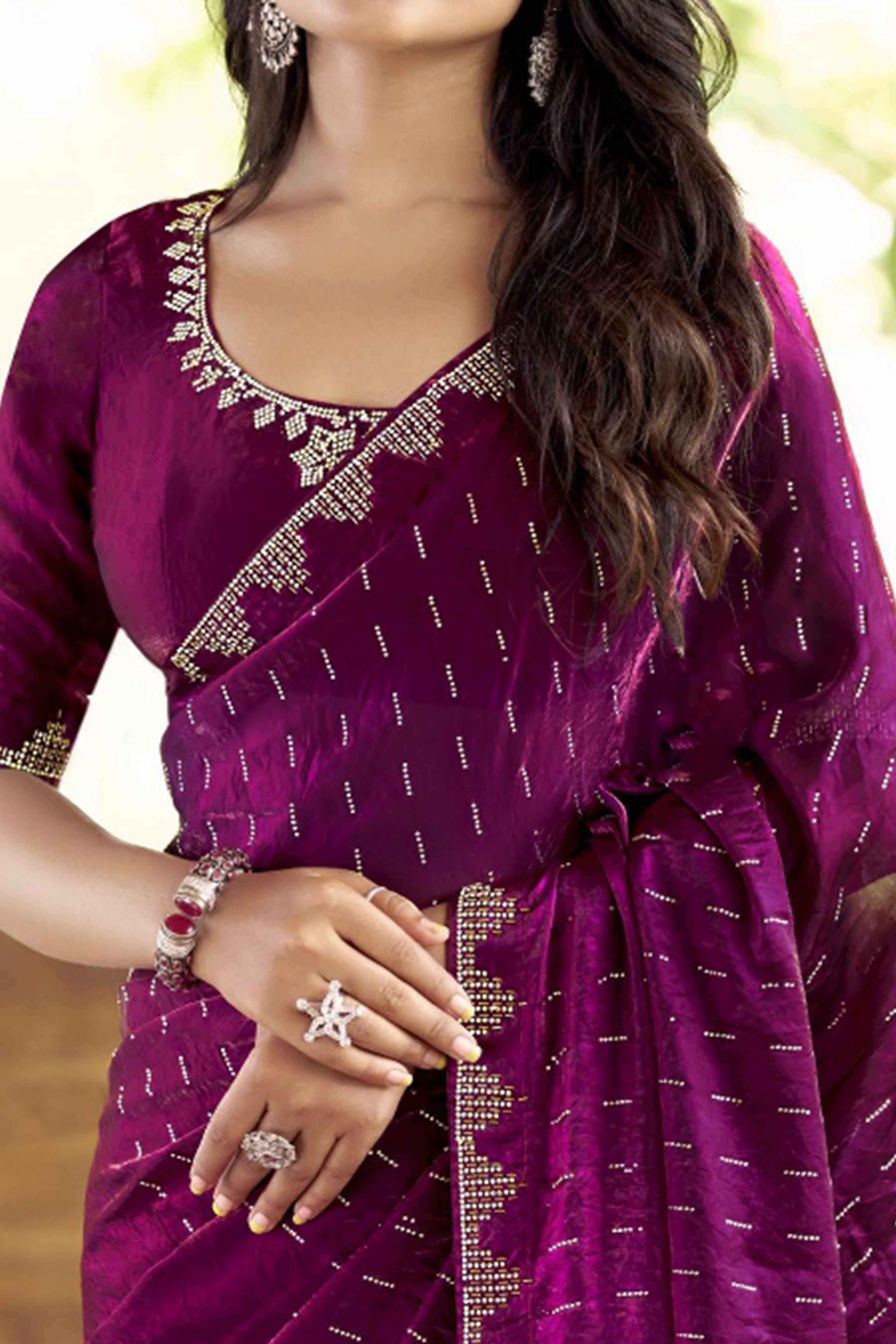 Graceful Magenta Nylon Partywear Saree Adorned with Exquisite Stone Work