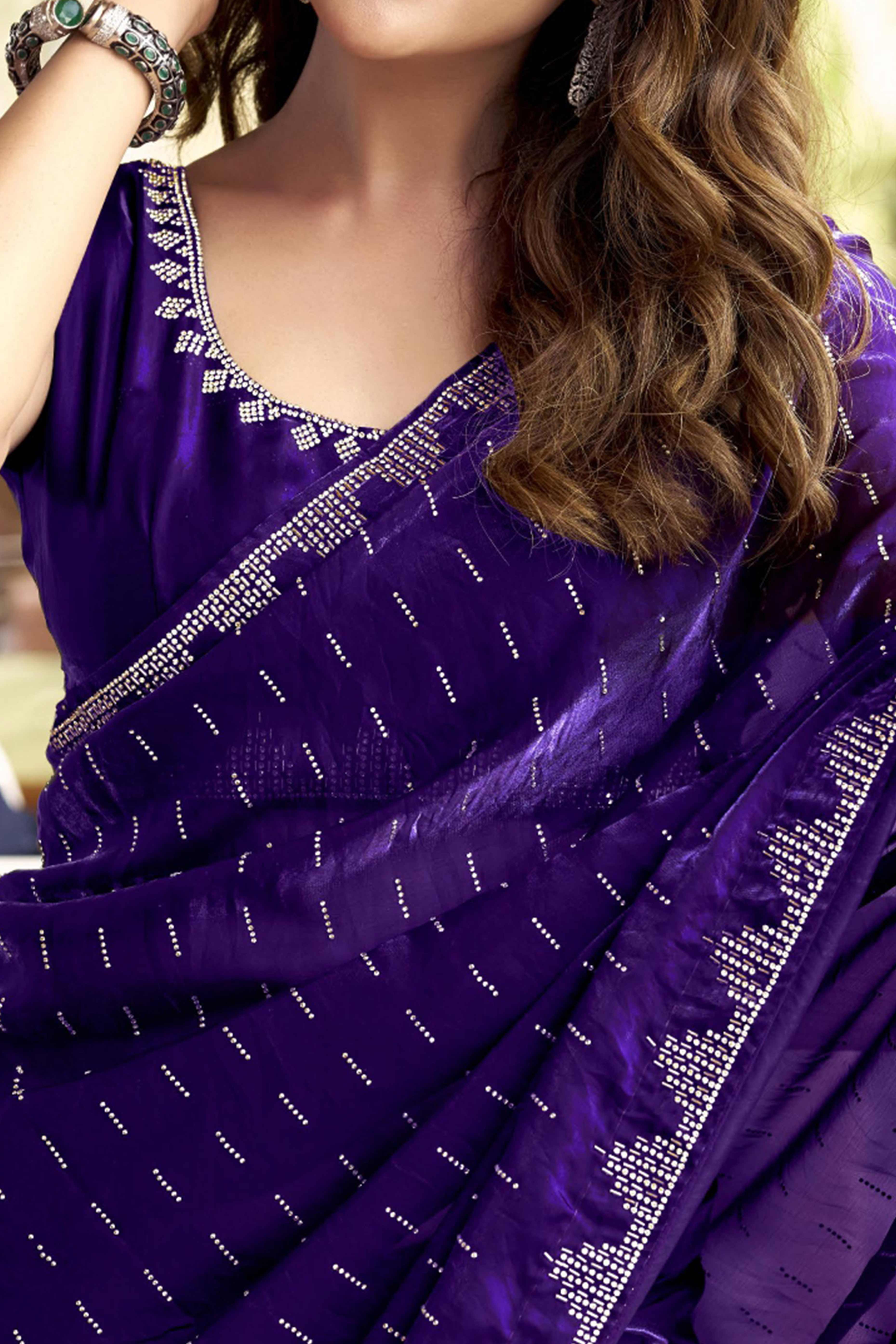 Graceful Violet Nylon Partywear Saree Adorned with Exquisite Stone Work