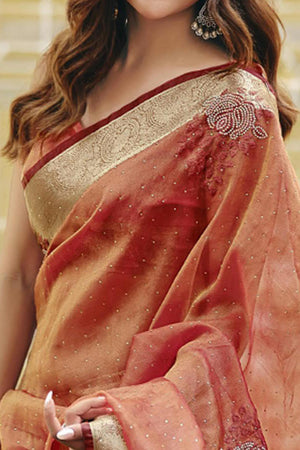 Warm Orange Nylon Saree Highlighted with Sparkling Stone Embroidery for Party & Festive Styling
