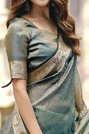 Emerald Green Nylon Saree Highlighted with Sparkling Stone Embroidery for Party & Festive Styling