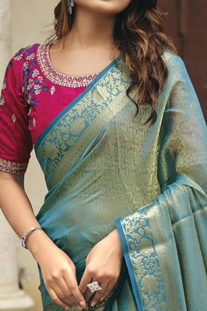 Elegant Rama Blue Partywear Nylon Silk Saree with Stone & Weaving Details