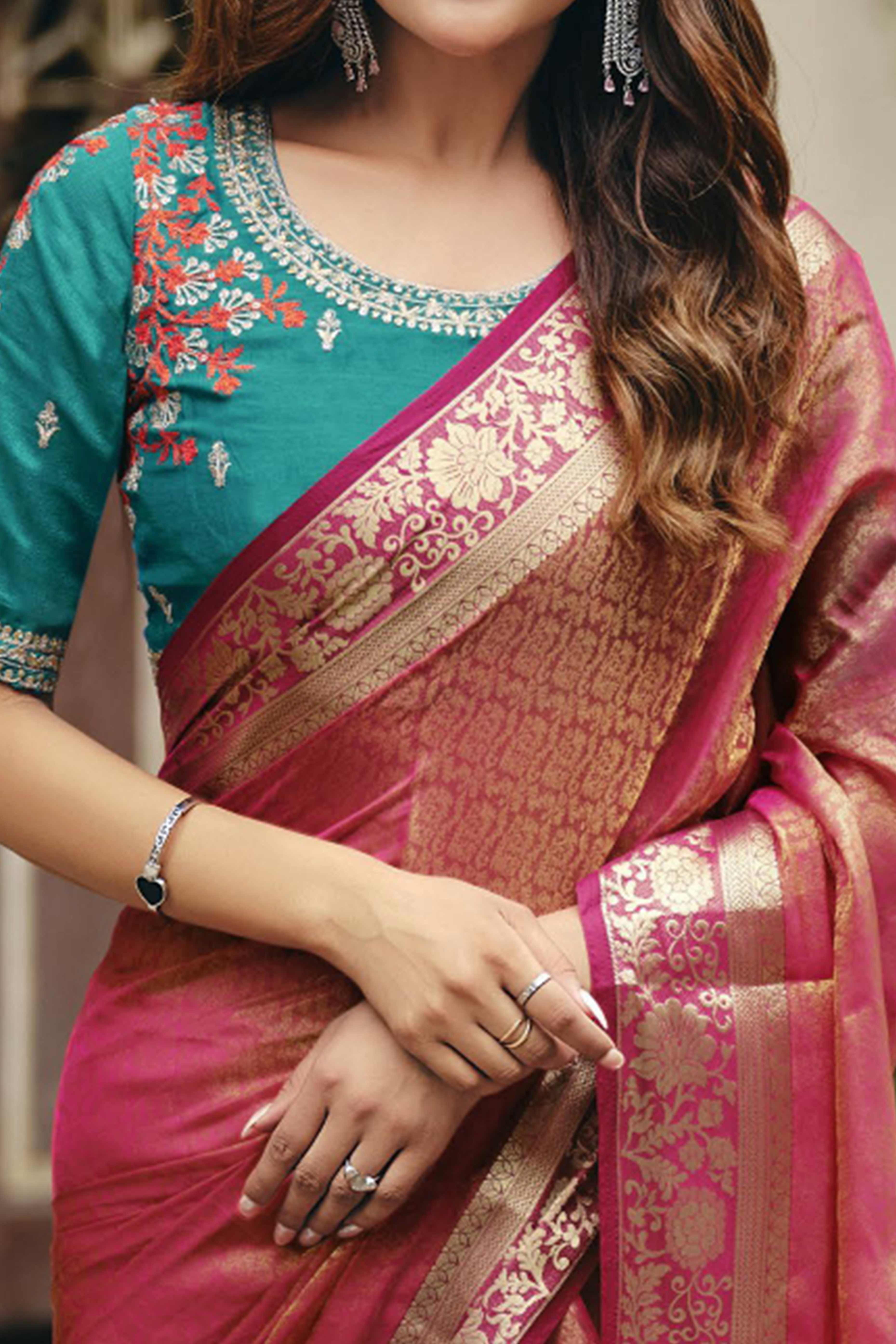 Elegant Pink Partywear Nylon Silk Saree with Stone & Weaving Details