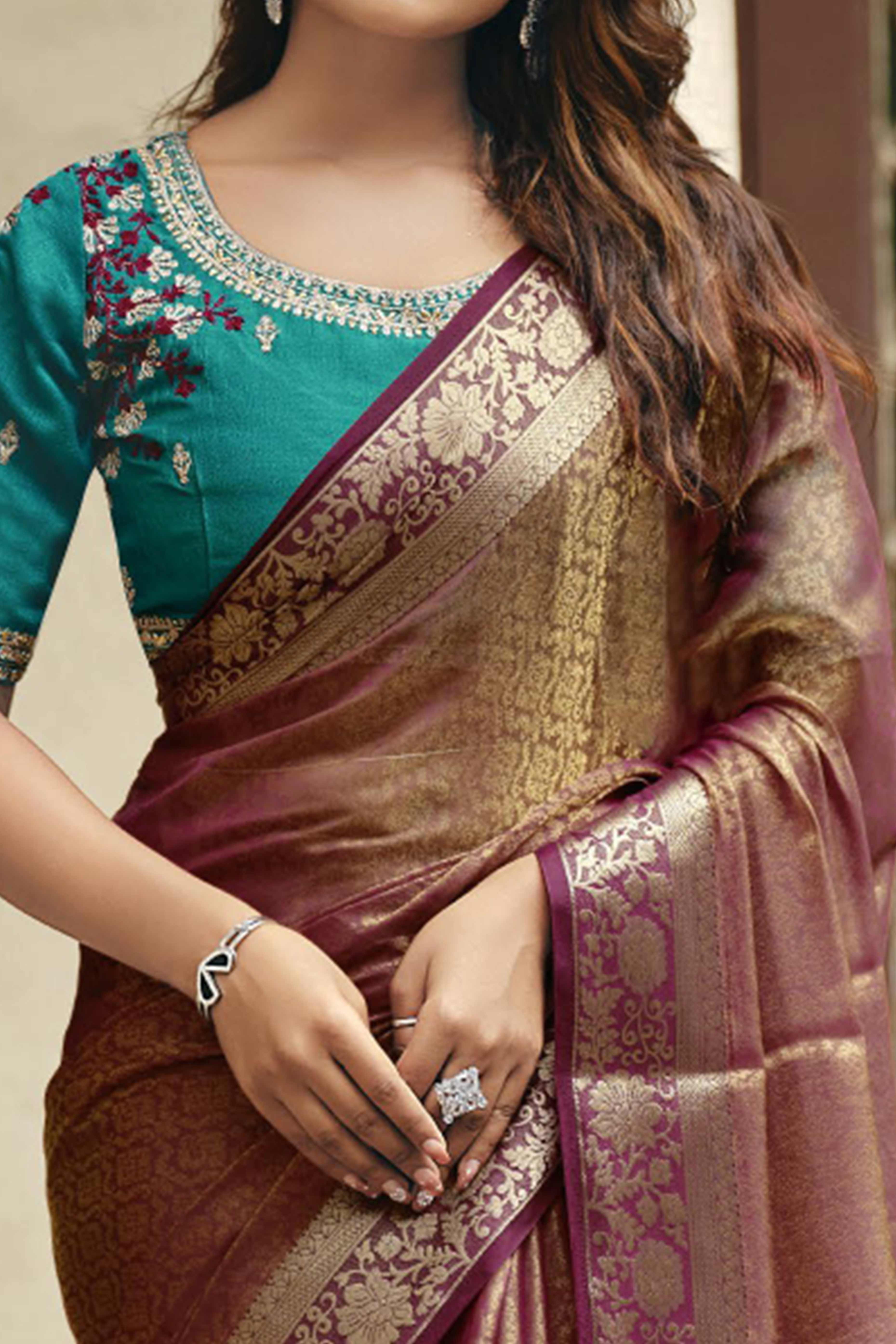 Elegant Purple Partywear Nylon Silk Saree with Stone & Weaving Details