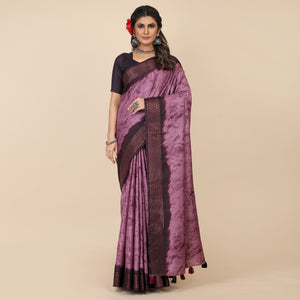 Purple Printed Cotton Silk Saree With Zari Border