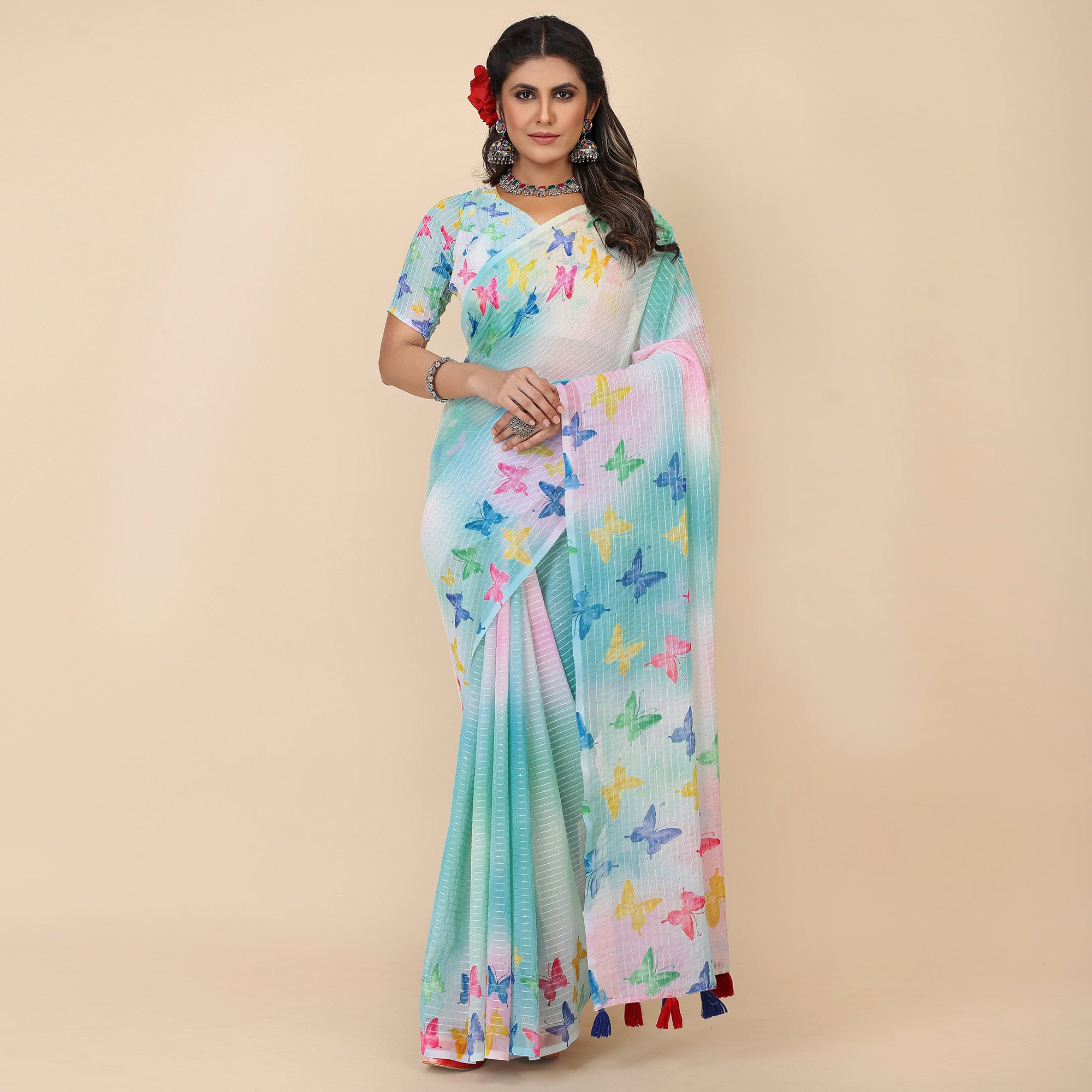 Blue Digital Printed With Sequins Work Georgette Saree