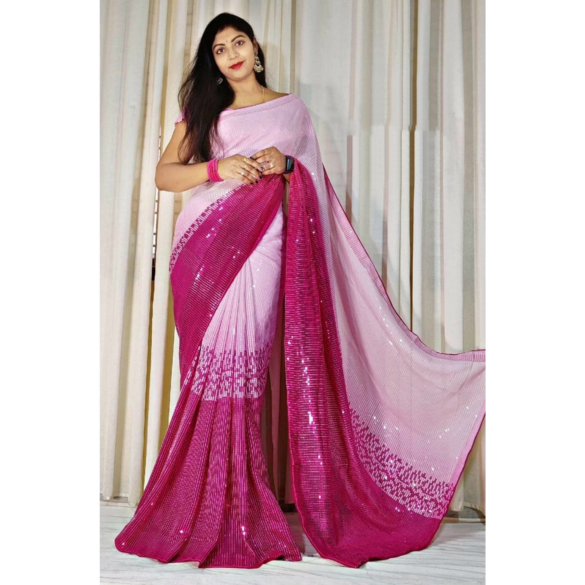 Pink Sequins Digital print Georgette Saree