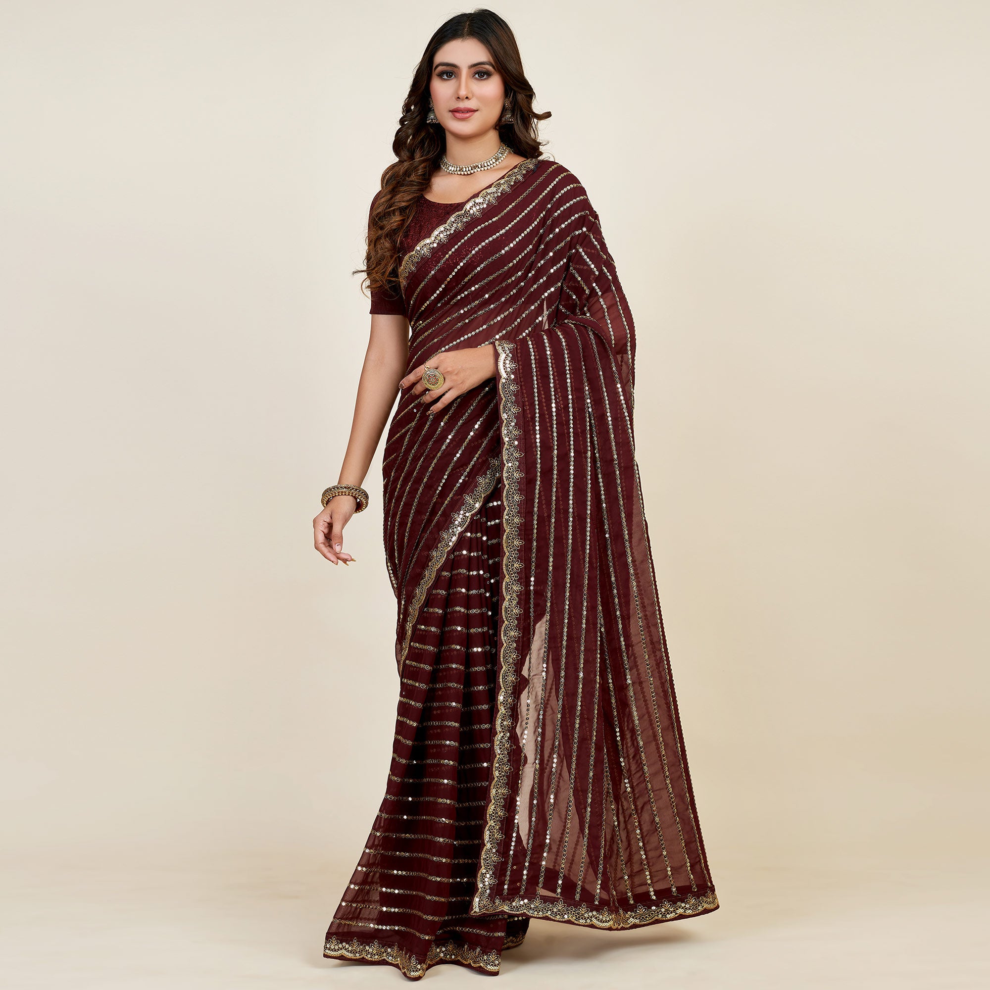 Brown Sequins Embroidered Georgette Saree